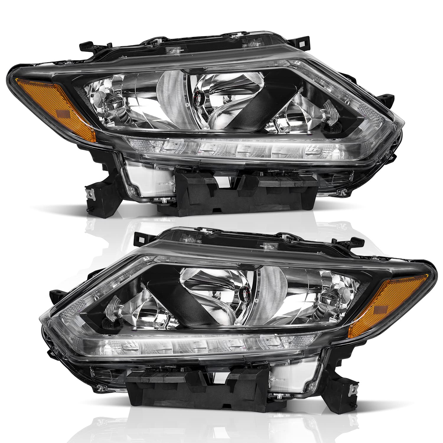 Headlights for 14 15 16 Nissan Rogue with LED DRL Strip Pair, Black Housing Amber Reflector Left & Right Side Fits Factory Halogen Models Only (NO PROJECTOR & NOT FOR FACTORY LED MODELS)