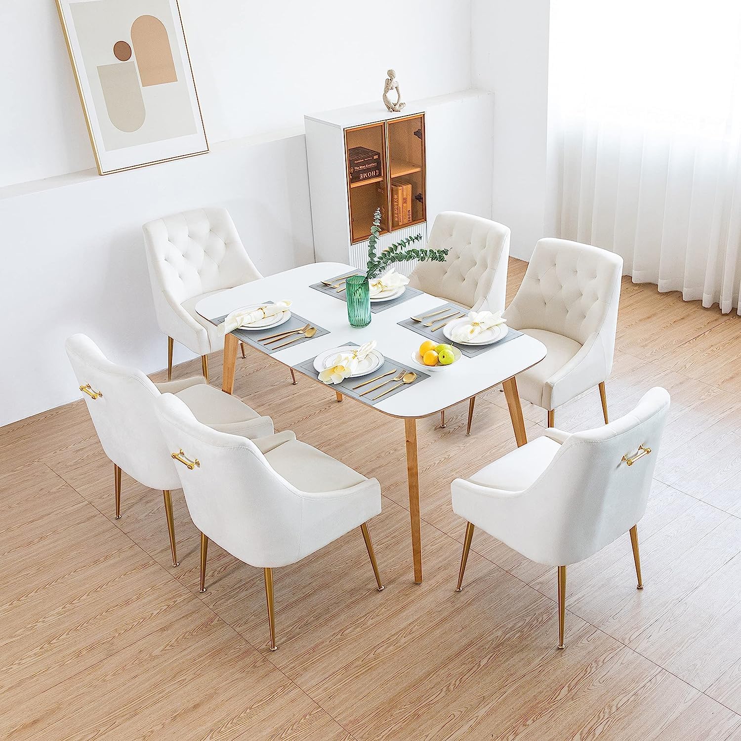 Esszimmerstühle 2er Set, Samt Esszimmerstühle, Modern Küchenstuhl mit Metallbeinen, 13 cm Gepolsterter, für Küche Esszimmer, Wohnzimmer, Schlafzimmer (Beige)