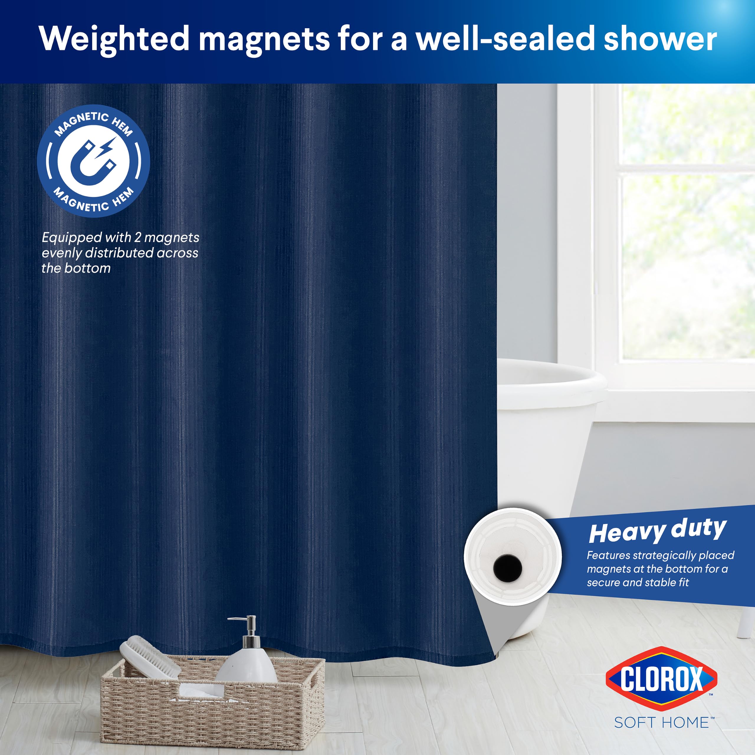 Clorox Rideau de Douche 100% Polyester avec Doublure imperméable en PEVA et 12 Crochets métalliques (Bleu Nuit)