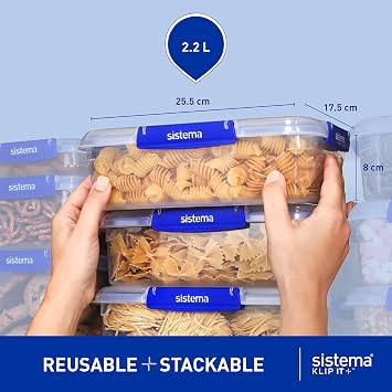 Sistema KLIP IT Plus Leakproof Food Storage Containers, 2.2L, Airtight, Stackable & Nestable, BPA-Free, 3 Count