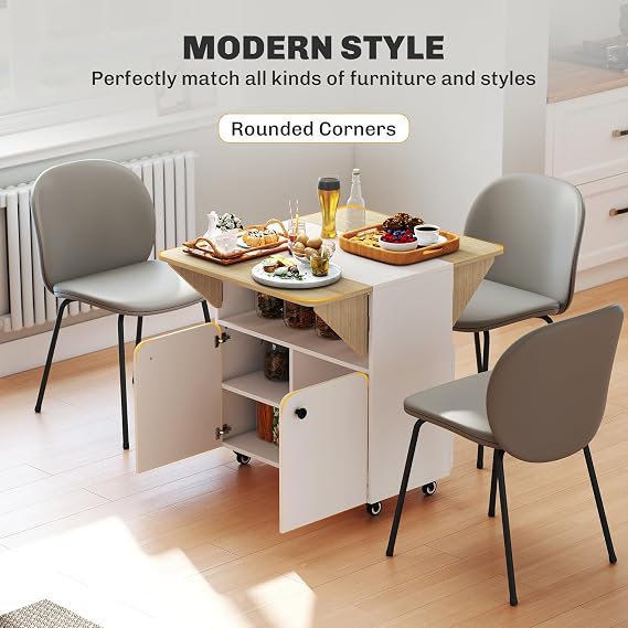 HOMCOM Folding Dining Table, Rolling Drop Leaf Table, Hidden Cabinet, White