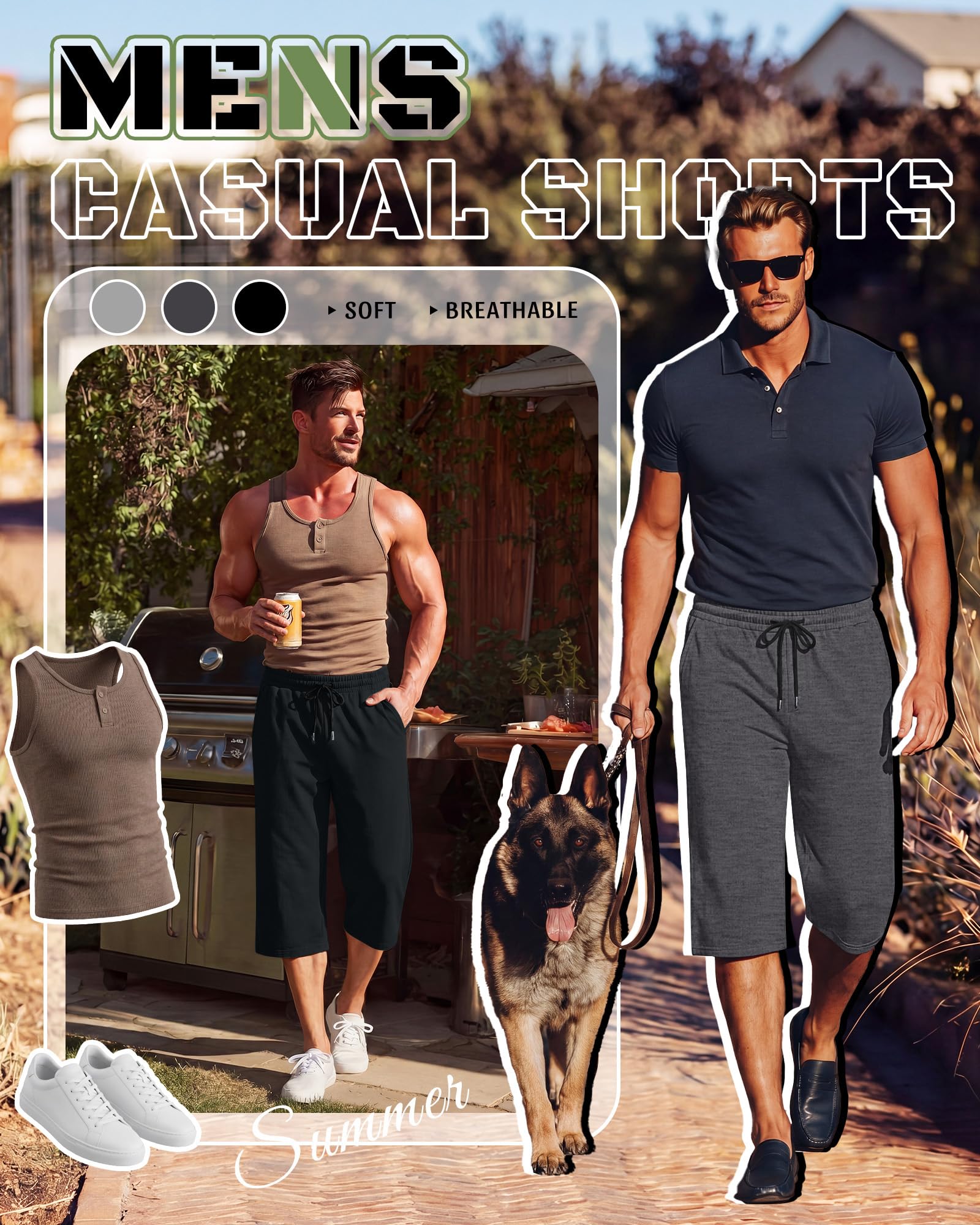 Neer Paquete de 3 pantalones capri holgados para hombre, talla grande, por debajo de la rodilla, casuales, 3/4, pantalones cortos grandes y altos, pantalones de verano con cordón y bolsillos