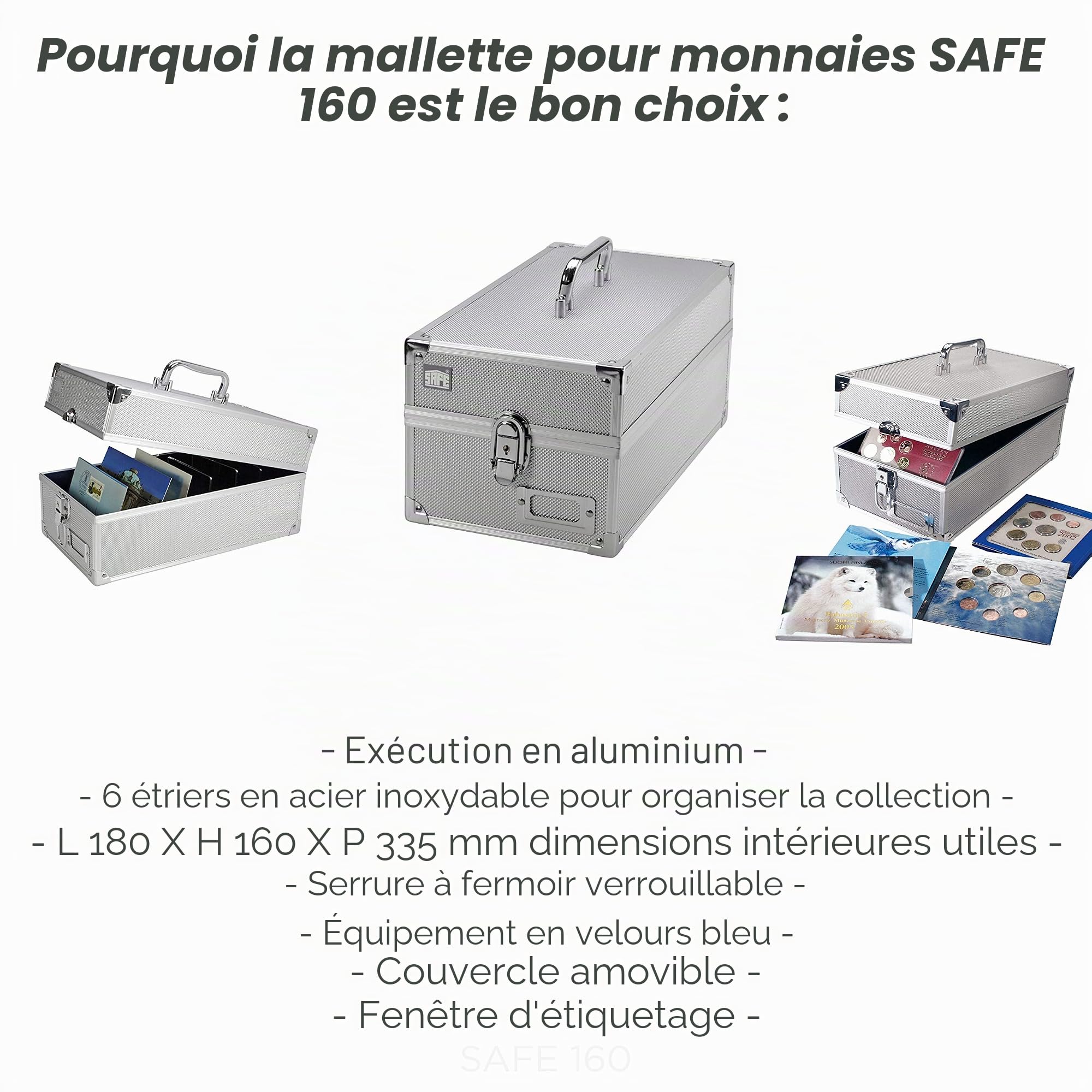 SAFE 160 CASE EN ALU Coffret pour pièces de monnaie Coffret de collection Idéal pour vos sets de pièces carrés