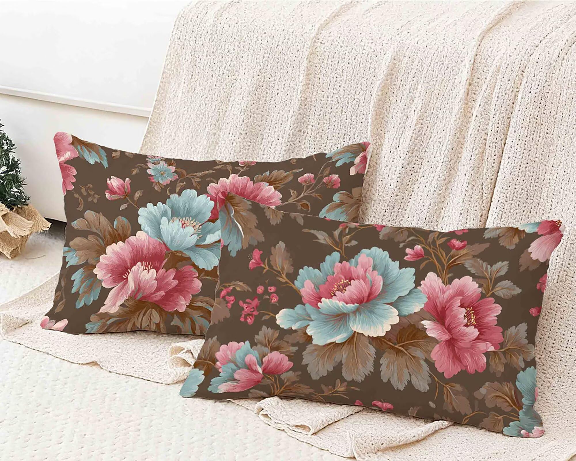 Kissenbezug 50x70cm 2er Set, Kissenbezug Blume Kopfkissen Rosa Muster Design Kopfkissenbezug Wasserdicht Leinen Pillow Case Herbstdeko mit Verstecktem Reißverschluss für Deko Wohnzimmer -lsy25012T5