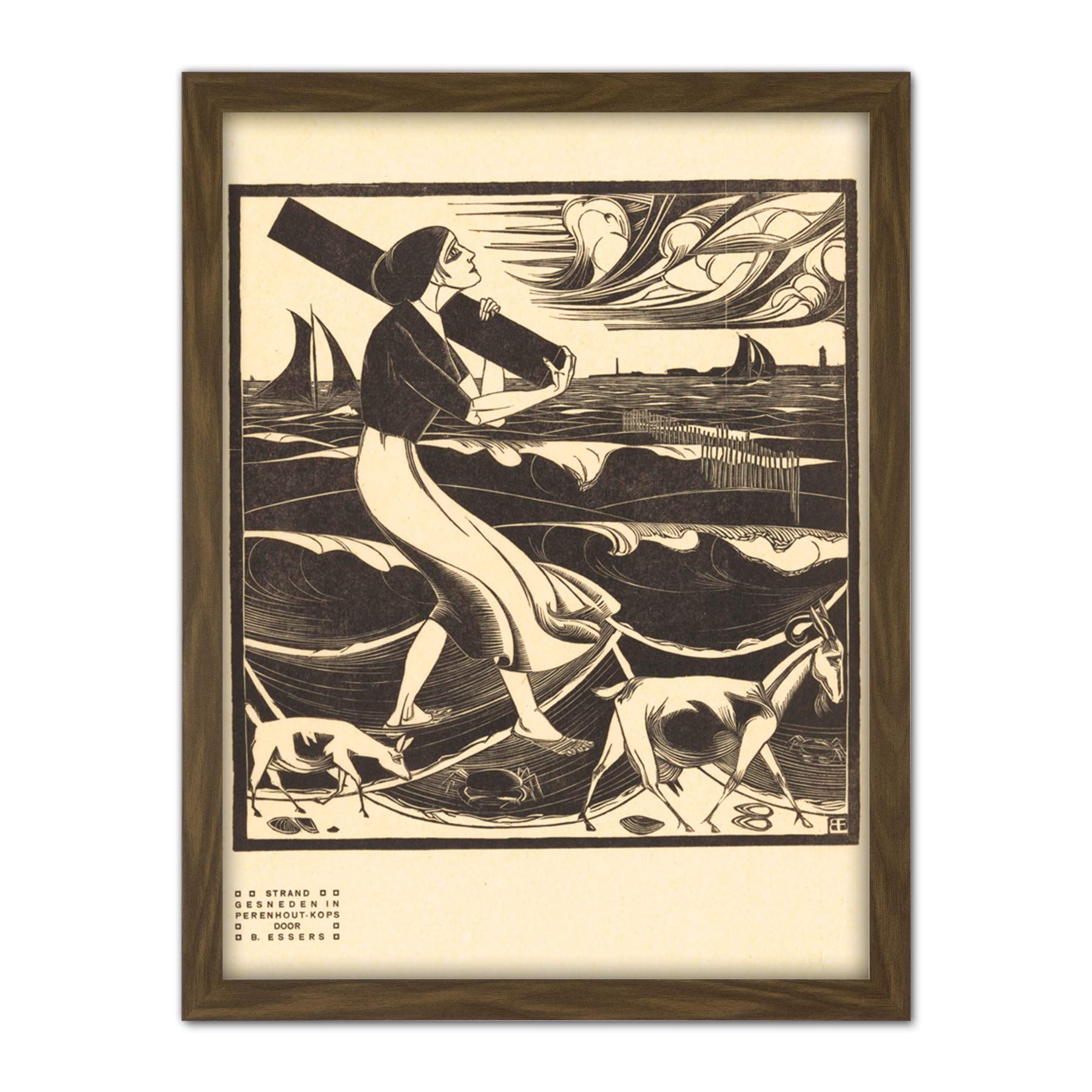 Artery8 Bernard Essers Beach Woman Goats Bw Seascape Artwork Framed Wall Art Print 18X24 Inch