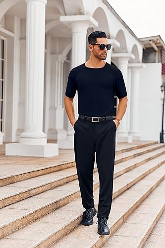 Miniatura 9 de Runcati Camiseta casual para hombre, elástica, de manga corta, de punto, ajustada, cuello redondo, suéter básico