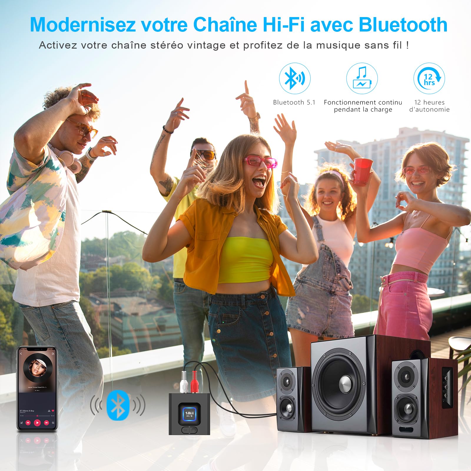 1Mii ML201 Récepteur Bluetooth 5.1, Modernisez Votre Ancien Système Audio | Adaptateur Bluetooth 3,5mm/RCA, Streaming Hi-Fi sans Fil depuis Mobile/Tablette vers Enceinte Filaire, 12H Lecture, Mode Bass