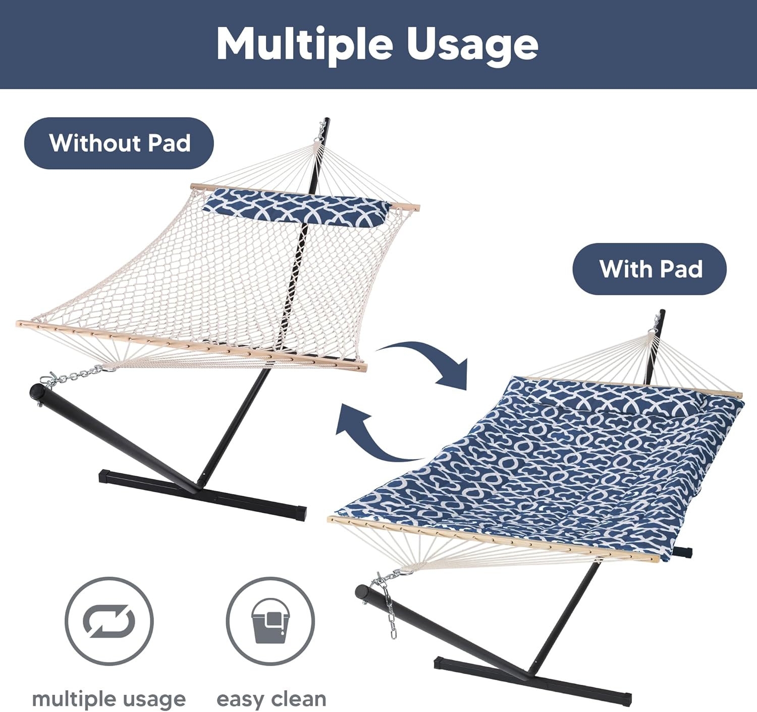 SUNCREAT Hammocks Freestanding 2 Person Hammock with Soft Pillow, Portable Stand, 57 Inch Extra Large Hammock Bag with Zipper, Black