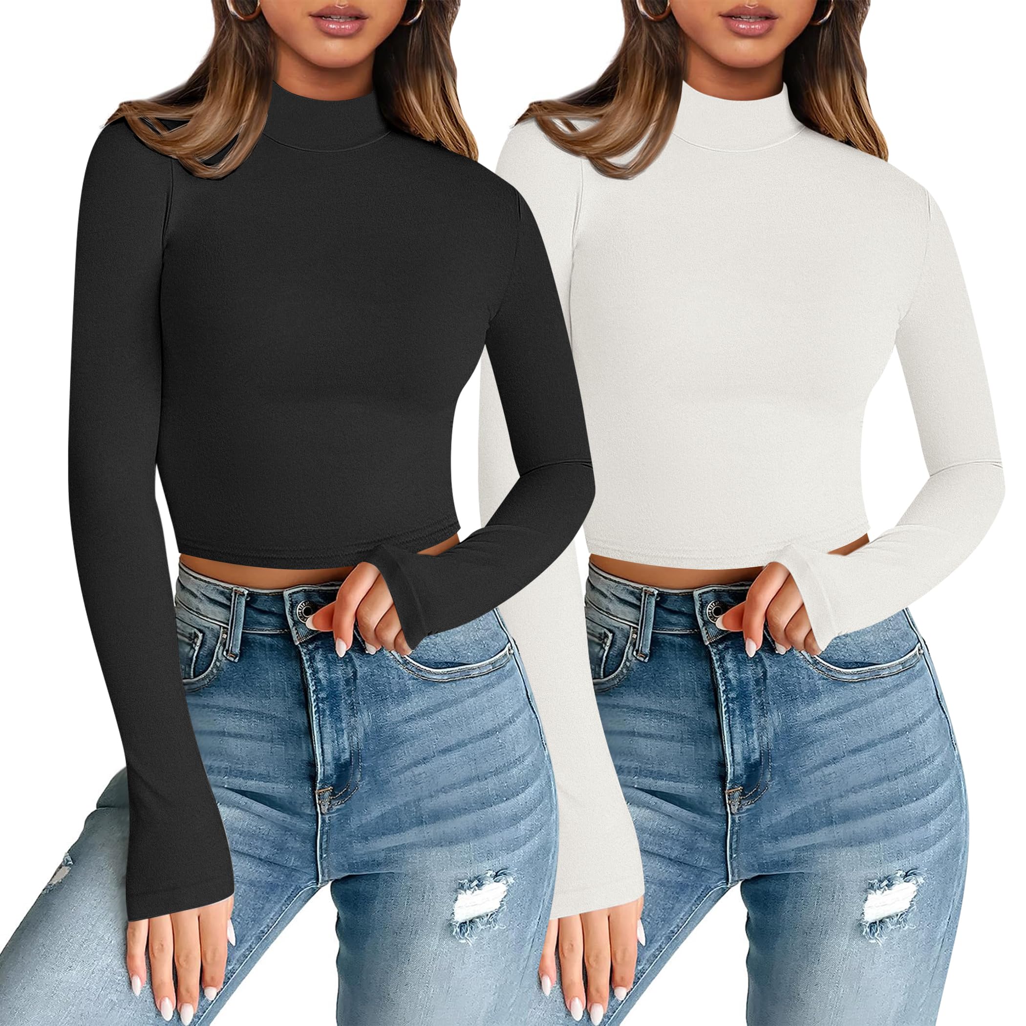 ZeagooWomens Long Sleeve Shirts Mock Neck Turtleneck Slim Fitted Basic Crop Tops 2024 Fashion Casual T-Shirts