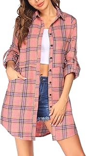 Sponsored Ad - Hotouch Womens Flannel Plaid Shirts Roll Up Long Sleeve Pockets Mid-Long Casual Boyfriend Shirts