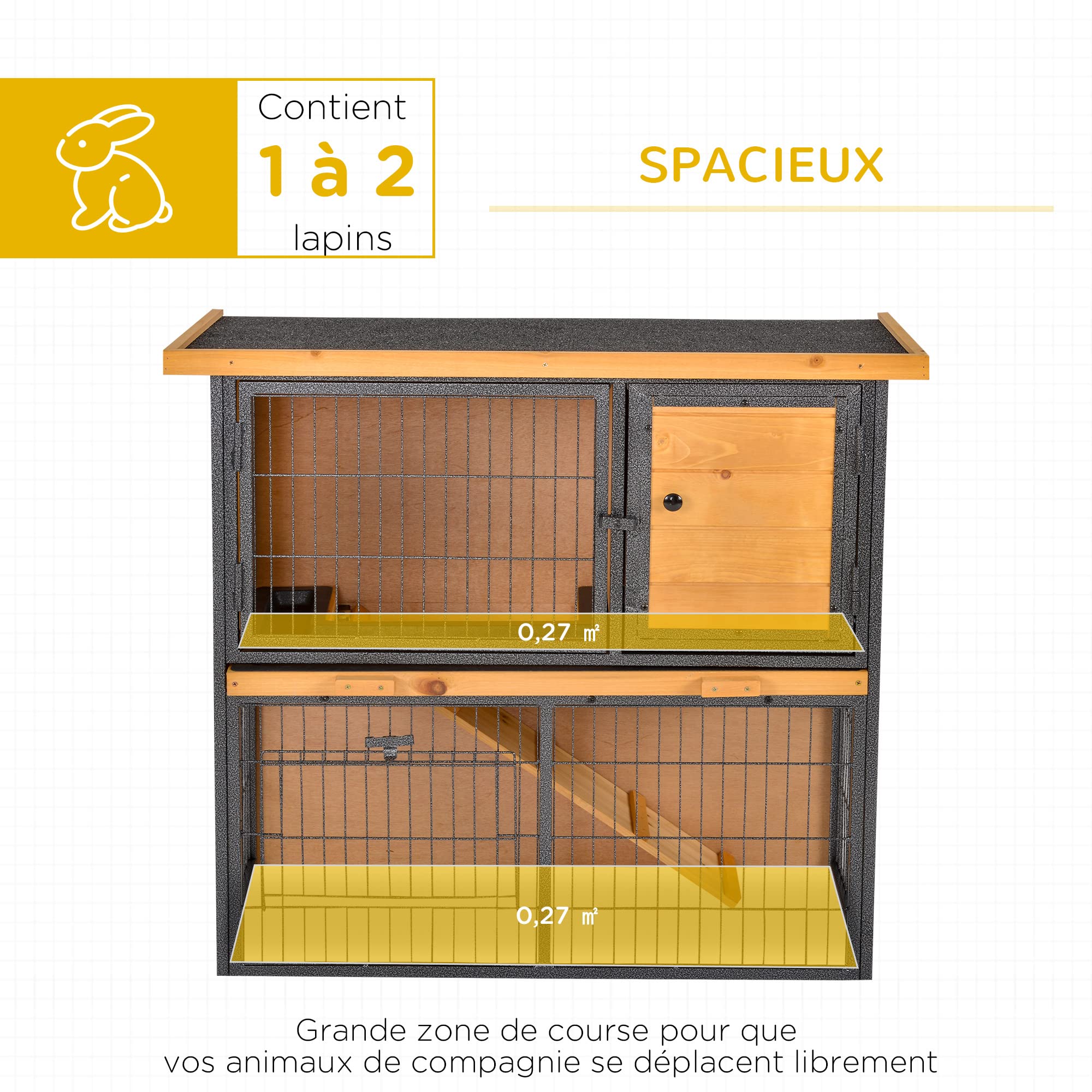 PawHut Clapier à Lapin Cage à Lapin 2 Niveaux 3 Portes verrouillables Rampe Toit ouvrant bitûmé métal époxy pin pré-huilé