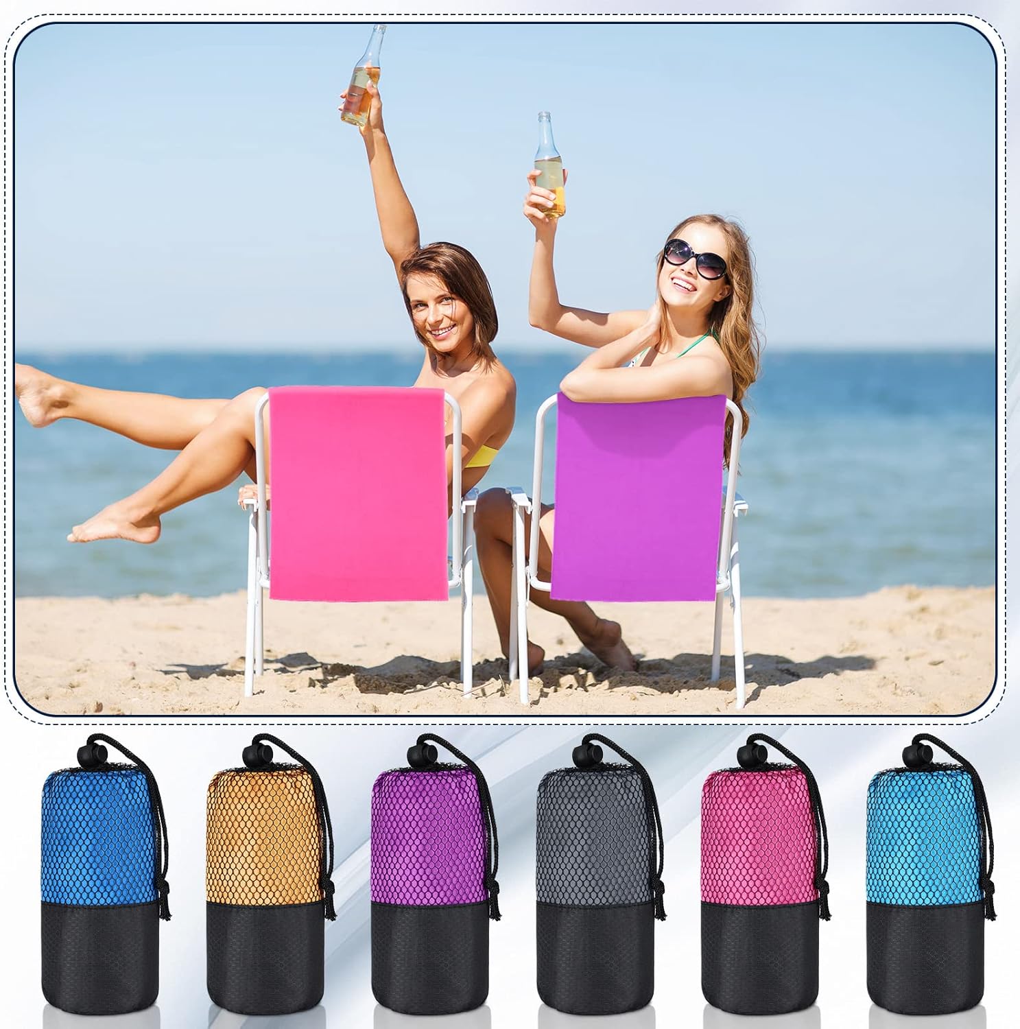 Oudain 6 Pieces Quick Dry Travel Towel Bulk, Microfiber Beach Towel with Bag Compact Soft Trip Towel Lightweight Adults Towel for Camping, Gym Beach Swimming Yoga, 20 x 39 Inches (Classic Color)
