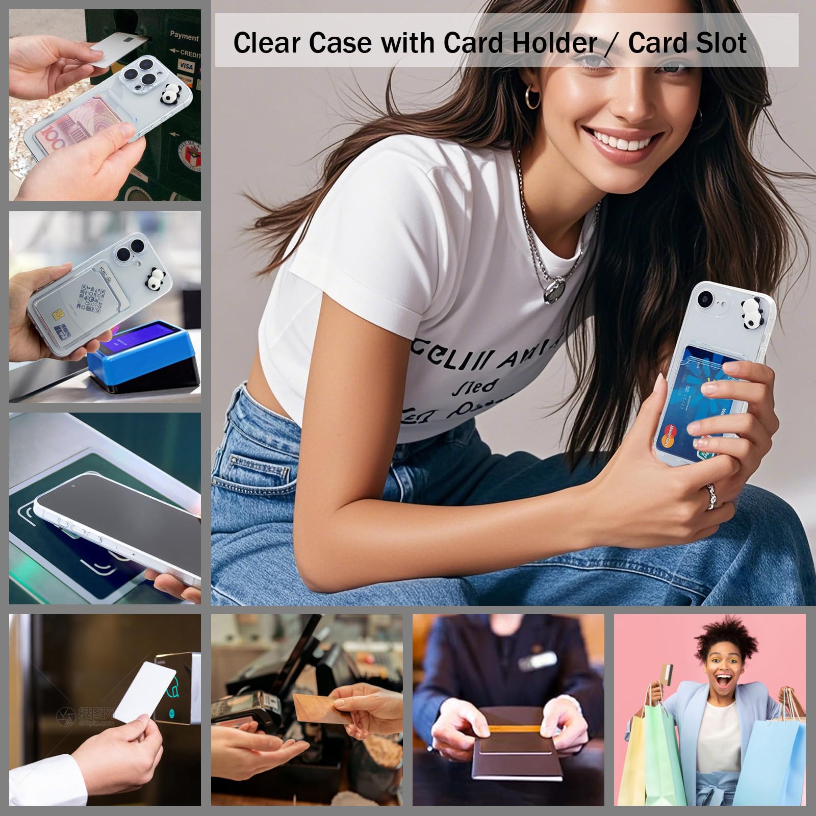 Chengyuanfeng Cover Trasparente per iPhone 16e con Porta Carte, Custodia Ultra-Sottile 1,5 mm in TPU Antigiallo Antiurto, Minimalista Portafoglio con 3D Panda Applicato a Mano, per Studenti e Campus