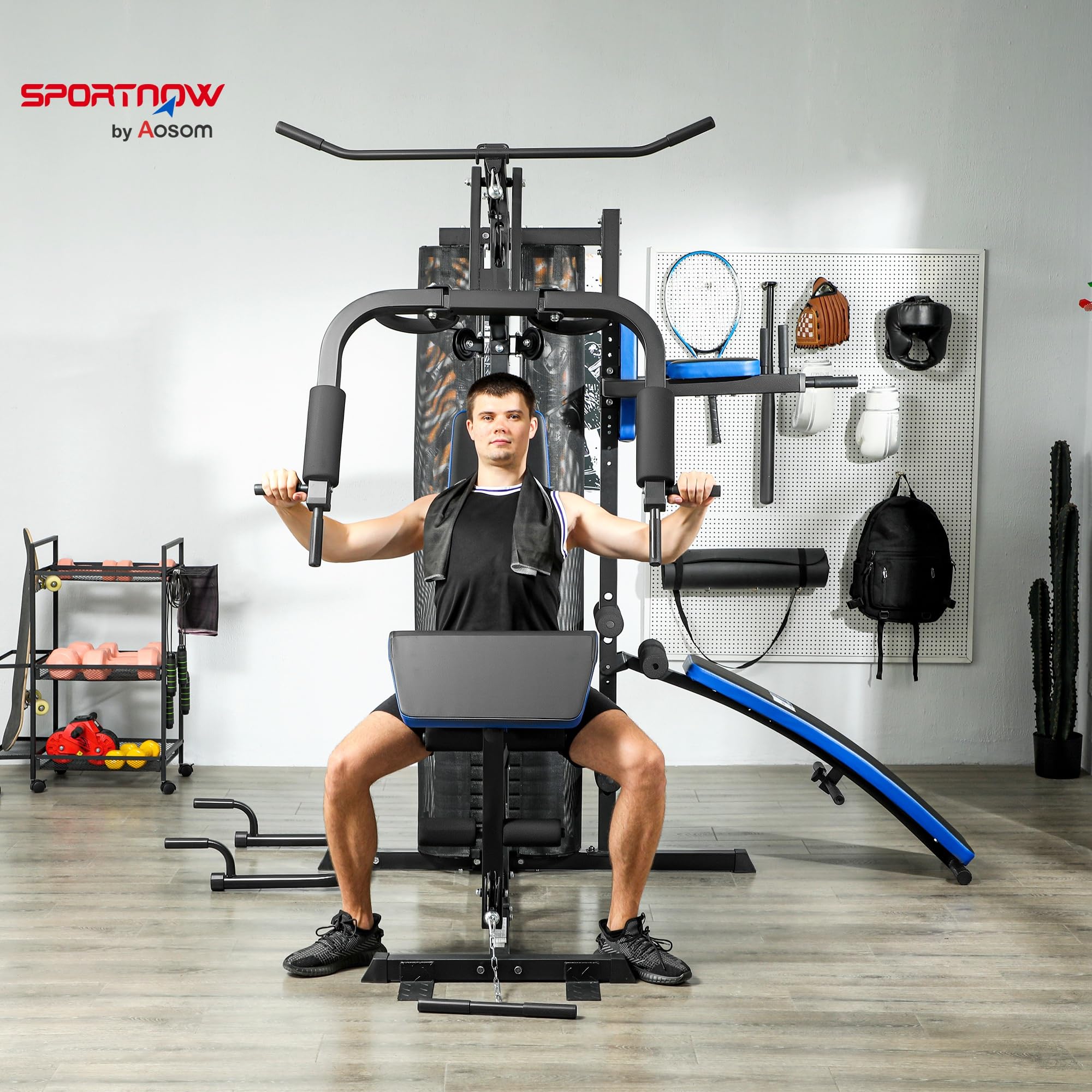 SPORTNOW Station de Musculation Multifonction Ajustable - Collaboration Aosom.FR x FFHandball - Banc Fitness 10 contrepoids 65 kg avec Filet de Protection Appareil de Musculation à Domicile