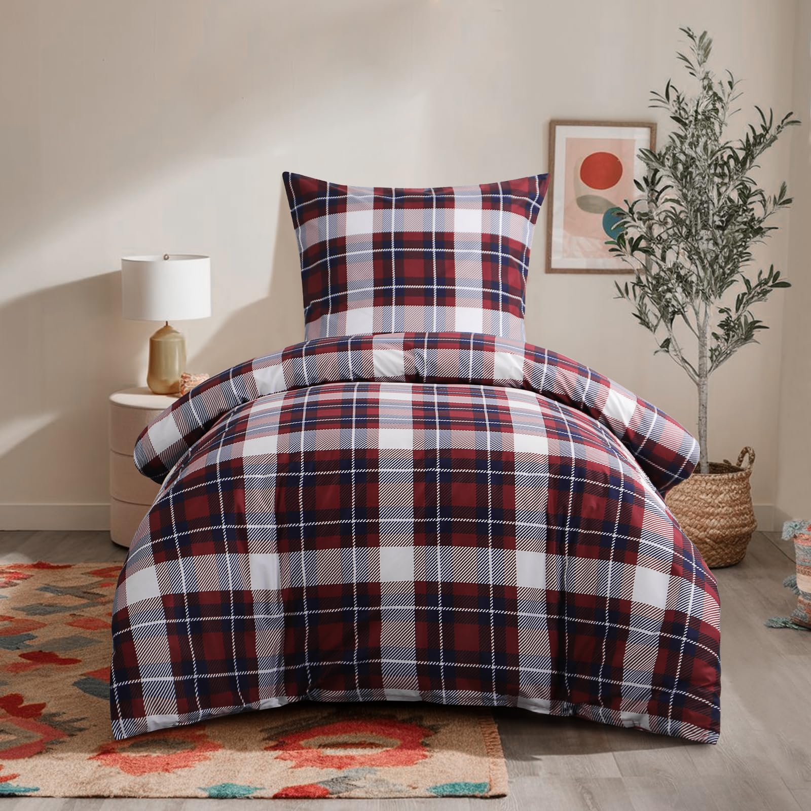 RUIKASI Bettwäsche 155x220 2 teilig Rot - Bettbezug 155 x 220 Set mit Tartan Muster, Bettwäsche-Sets 155x220cm aus Mikrofaser mit Reißverschluss Weich und Bügelfrei