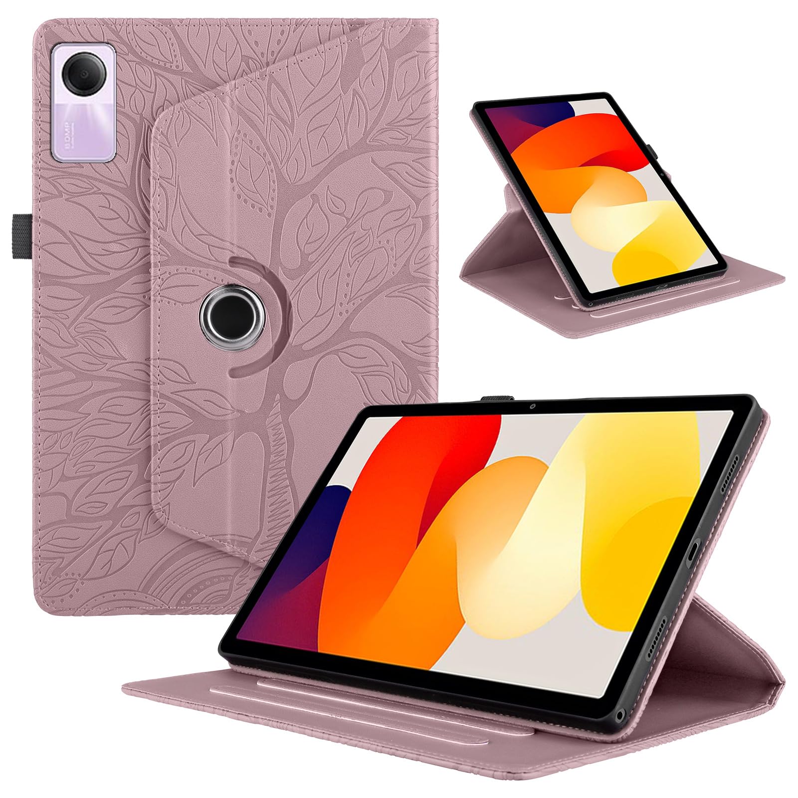 TEDTIKJT Rotating Case for Xiaomi Redmi Pad SE 11 Inch 2023 Flip Cover PU Leather Tablet Case 360 Degree Rotating Stand Protective for Xiaomi Redmi Pad SE Cover Rose Gold Life Tree