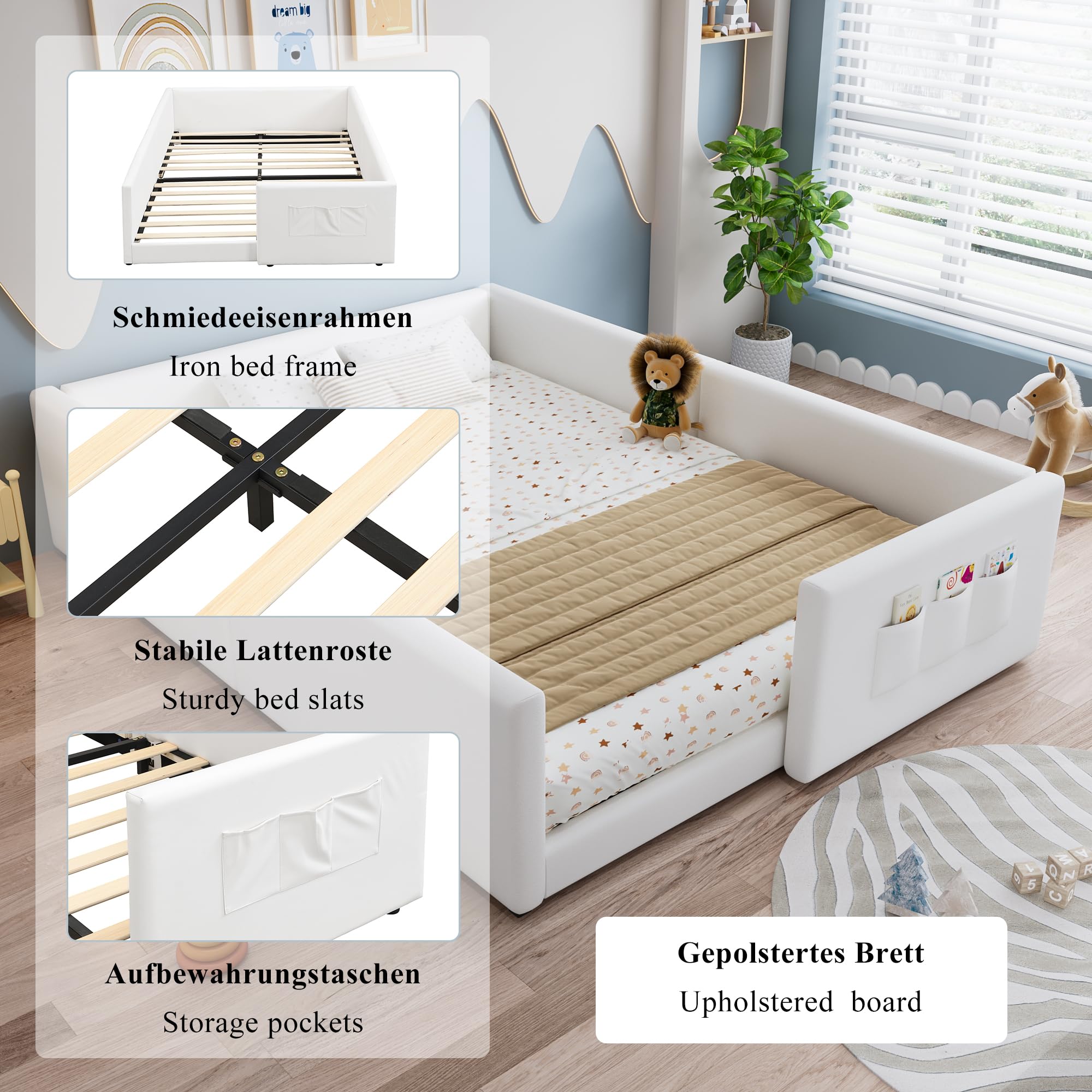 Montessori Letto a Terra per bambini 140 x 200cm, Letto imbottito PU con 3 pratiche tasche portaoggetti, Rete a doghe in Legno, letto Piazza e Mezza per Bambini(senza materasso)