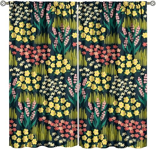 Miniatura 18 de Retro 70s Floral Blackout Window Curtains, Watercolor Flower Plant Rustic Modern Style Pattern Window Drapes, for Bedroom Living Room 42x45in 2