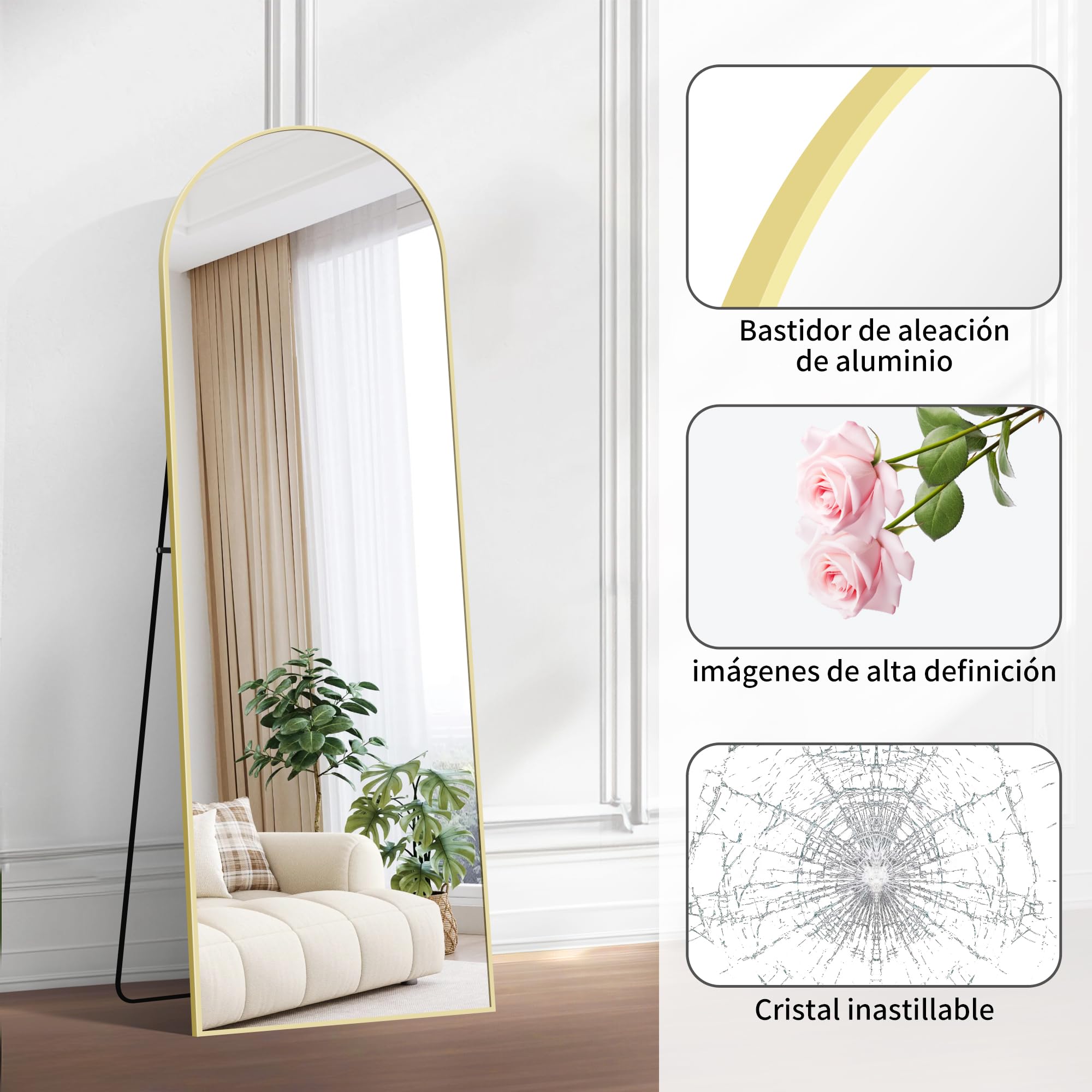 BONEWEI Espejo de Pie Cuerpo Entero Curvado, Espejos Grandes de Pared con Marco de Oro Aluminio 161 x 52 cm, Espejo de Pie Inclinado o Colgante para Salón, Dormitorio, Entrada