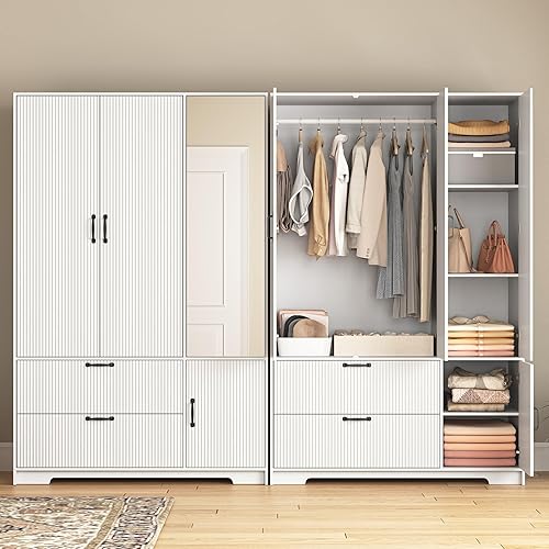 Miniatura 7 de Armario de 68.5 pulgadas con puerta de espejo, armario independiente moderno de 3 puertas de madera acanalada con 2 cajones y armario de