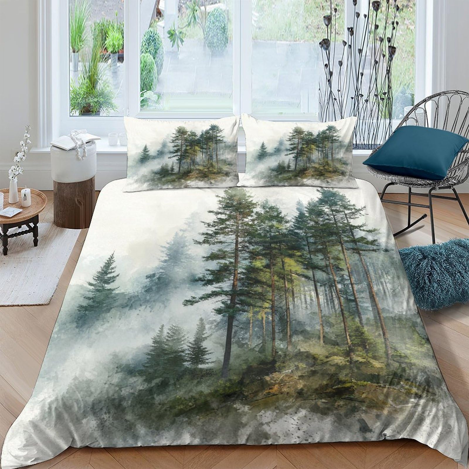 Ctjqhvkz Style-7 3D Printed Forest Mist Fitted Sheet Microfiber Soft Green Pine Mattress Cover For Bedroom Dorm Mattress Protection Decor Single（135X200cm）