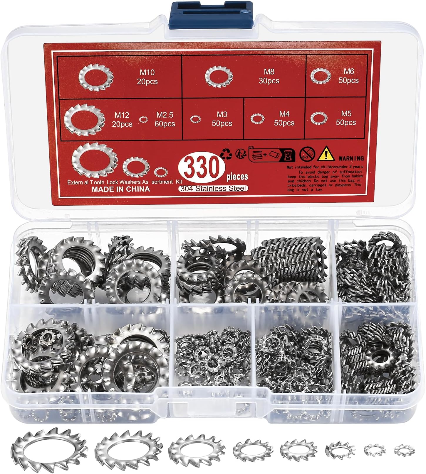 330 Pcs External Tooth Star Lock Washers, Stainless Steel External Starlock Washers Assortment Set, Tooth Locking Ring Washers Kit - M2.5 M3 M4 M5 M6 M8 M10 M12