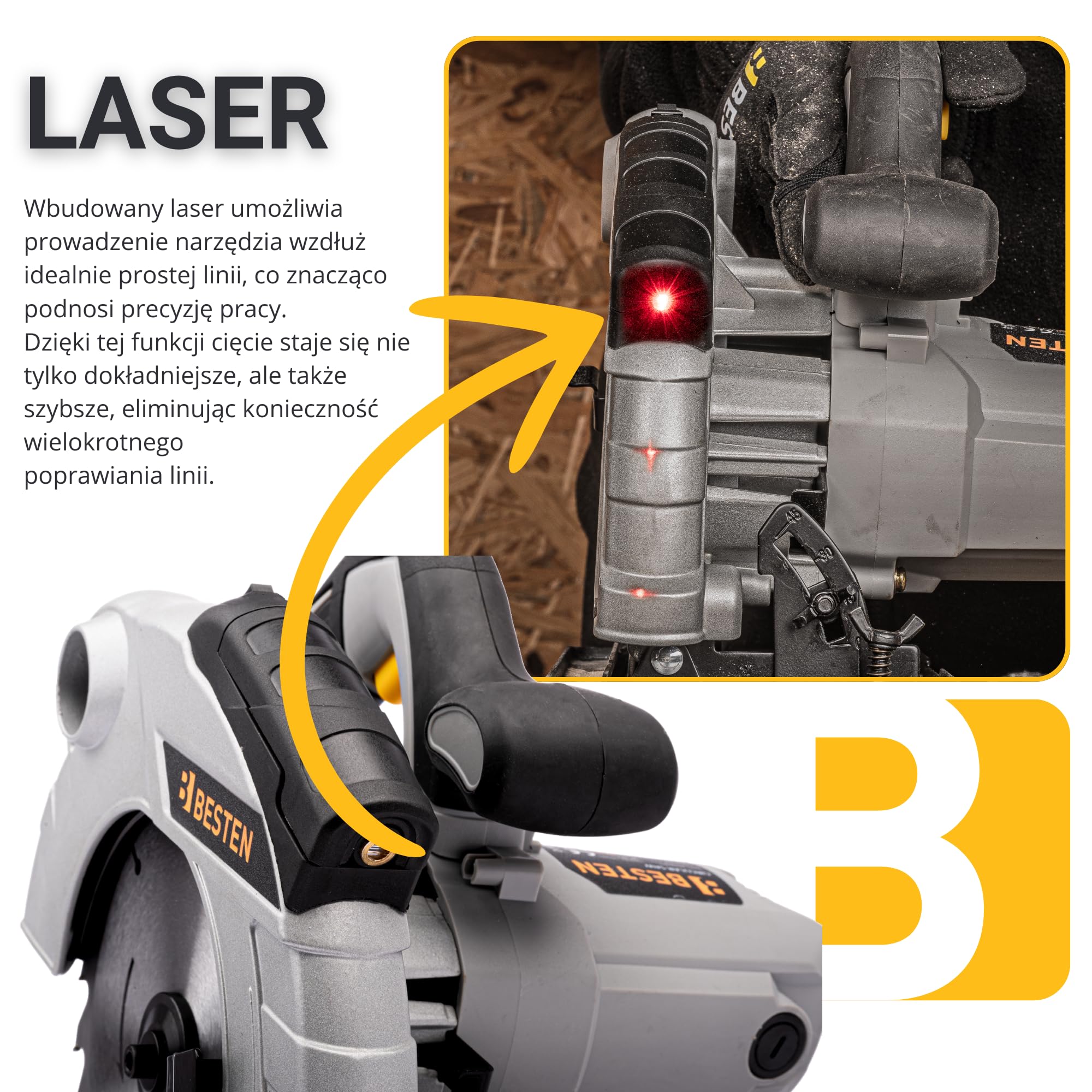 Piła tarczowa ręczna 2000W 185 mm do drewna, laser, 3 tarcze 24T 40T 60T, cięcie 65 mm, regulacja 0–45°, odsysanie pyłu BESTEN
