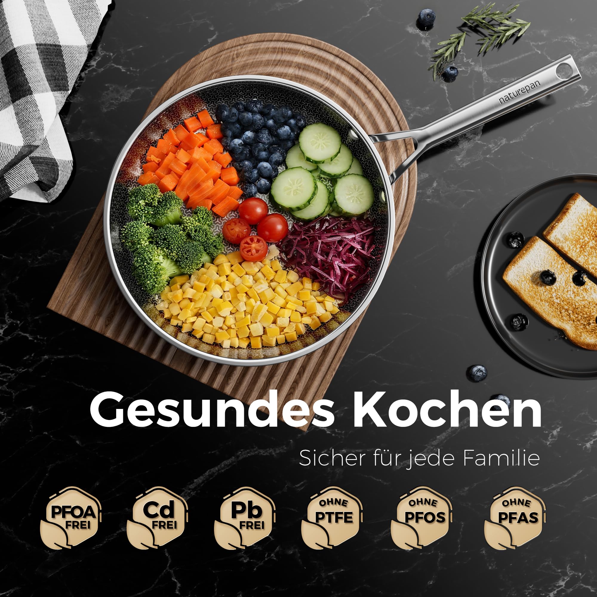 Edelstahlpfanne Pfannenset 2-teilig 24+28cm, DiamondTitan-Keramikbeschichtung, Antihaft Wabenpfanne, Pfanne induktion, Für alle Herdarten, Kühlbleibendem Griff, Spülmaschinenfest