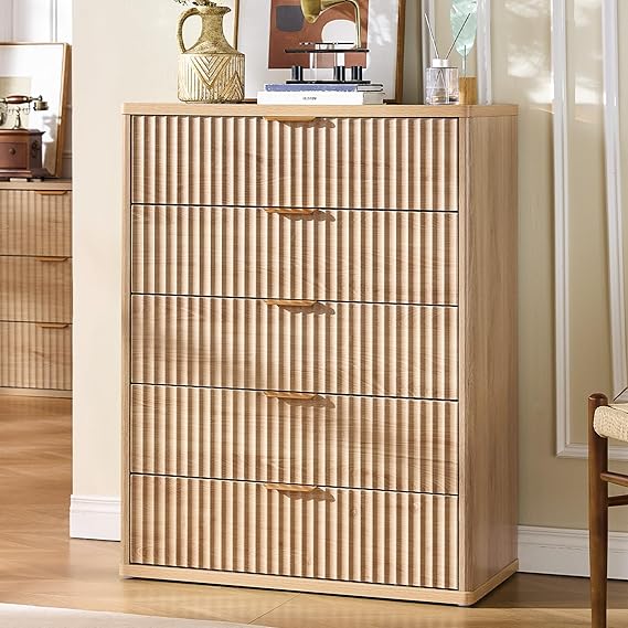 LEYAOYAO Fluted 5 Drawers Dresser for Bedroom, 41" Tall Modern Chest of Drawers with Metal Handle, Curved Profile Farmhouse Closet Organizer Wood Dressers TV Stand for Living Room, Hallway, Navy Blue