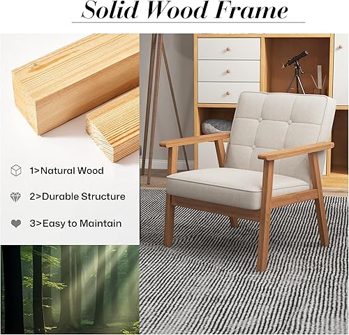 Miniatura 7 de KCC Mid-Century - Juego de 2 sillas decorativas de tela de lino, silla de ocio tapizada, cómoda silla auxiliar de lectura con reposabrazos y marco