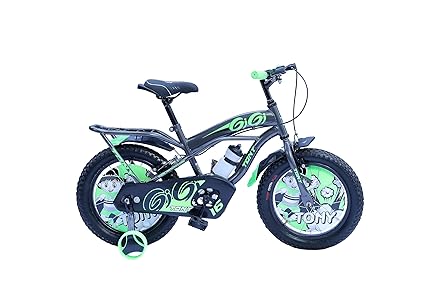 TONY RAW Bicycles Sports Gigi 16T BMX Single Speed Bicycle Cycle for Kids 5 Years to 8 Years Boys & Girls Double Back Seat with Training Side Wheels Water Sipper (Grey Green)