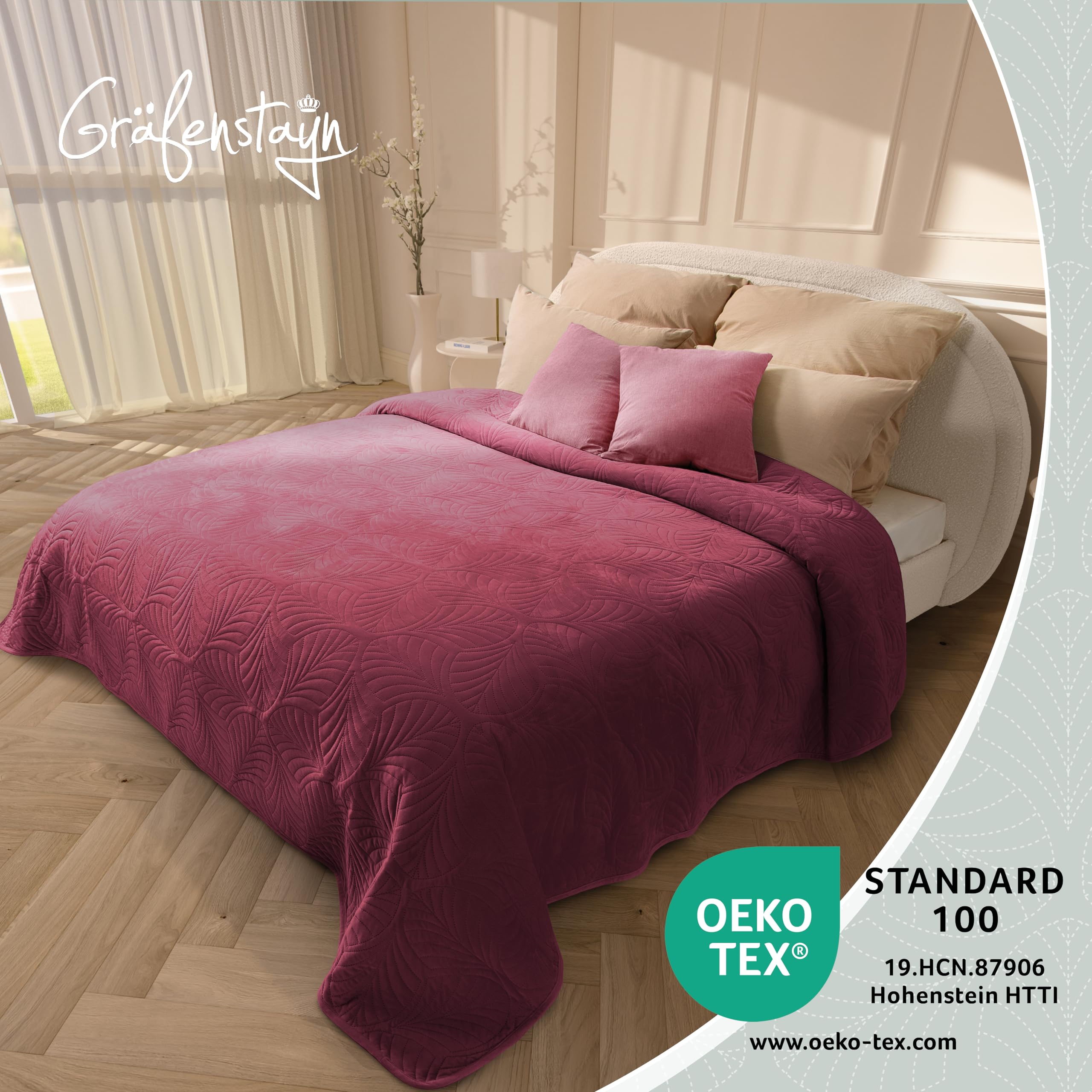 Gräfenstayn Colcha bouti 170x210 cm – cubrecama Acolchado sin Costuras con diseño de Hojas – Manta Decorativa Moderna para Cama o sofá – antirrugas y fácil de cuidar (Burdeos)