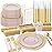 Nervure 350PCS Pink Plastic Plates - Pink Dinnerware Sets for 50 Guests - 100 Disposable Plates, 150 Gold Plastic Silverware, 50 Cups, 50 Napkins for Wedding & Party