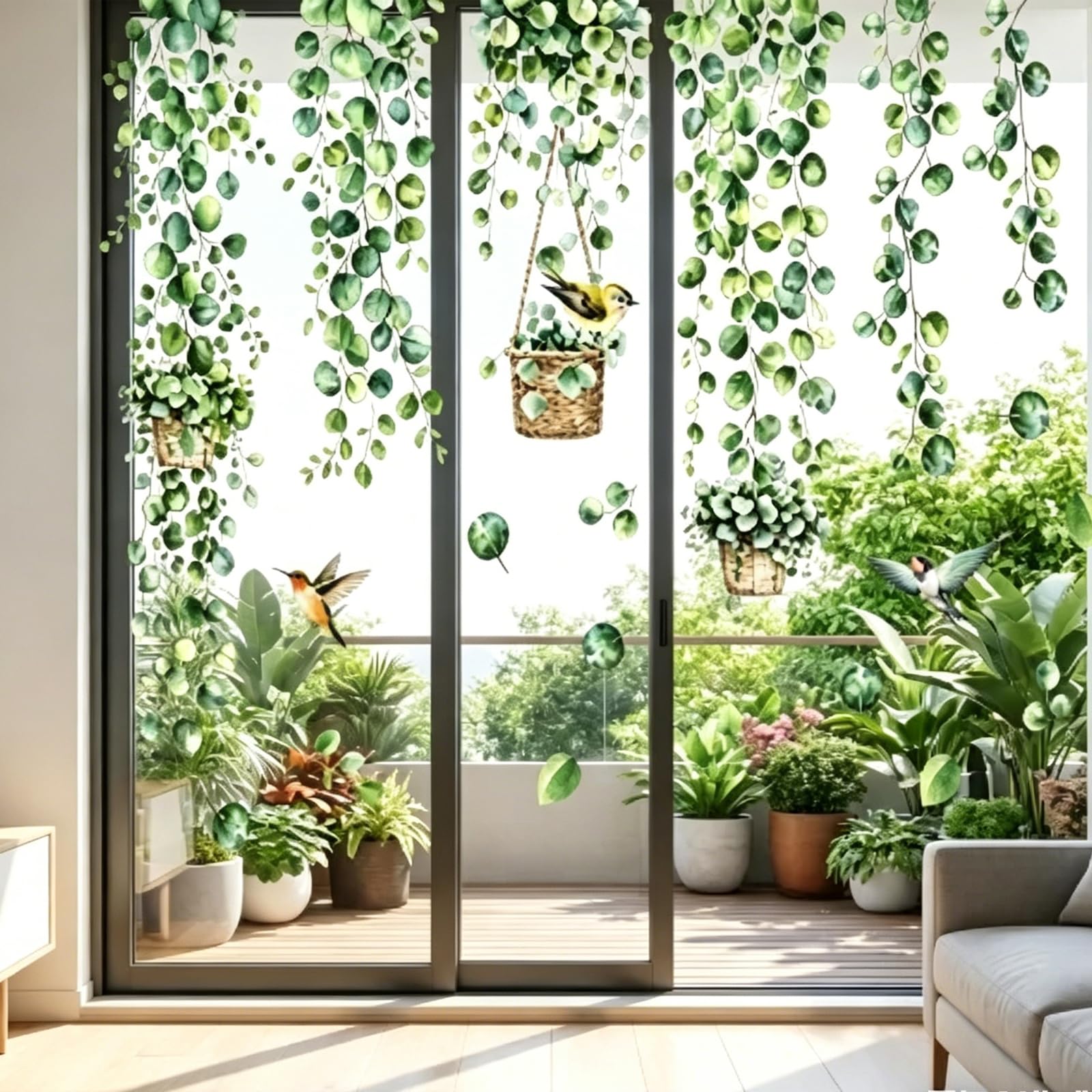 Window Stickers for Glass - Large 80x48cm Static Cling Decals, Reusable Bird Deterrent Window Clings with Eucalyptus Leaf and Bird Design, Elegant Home Decor Stickers