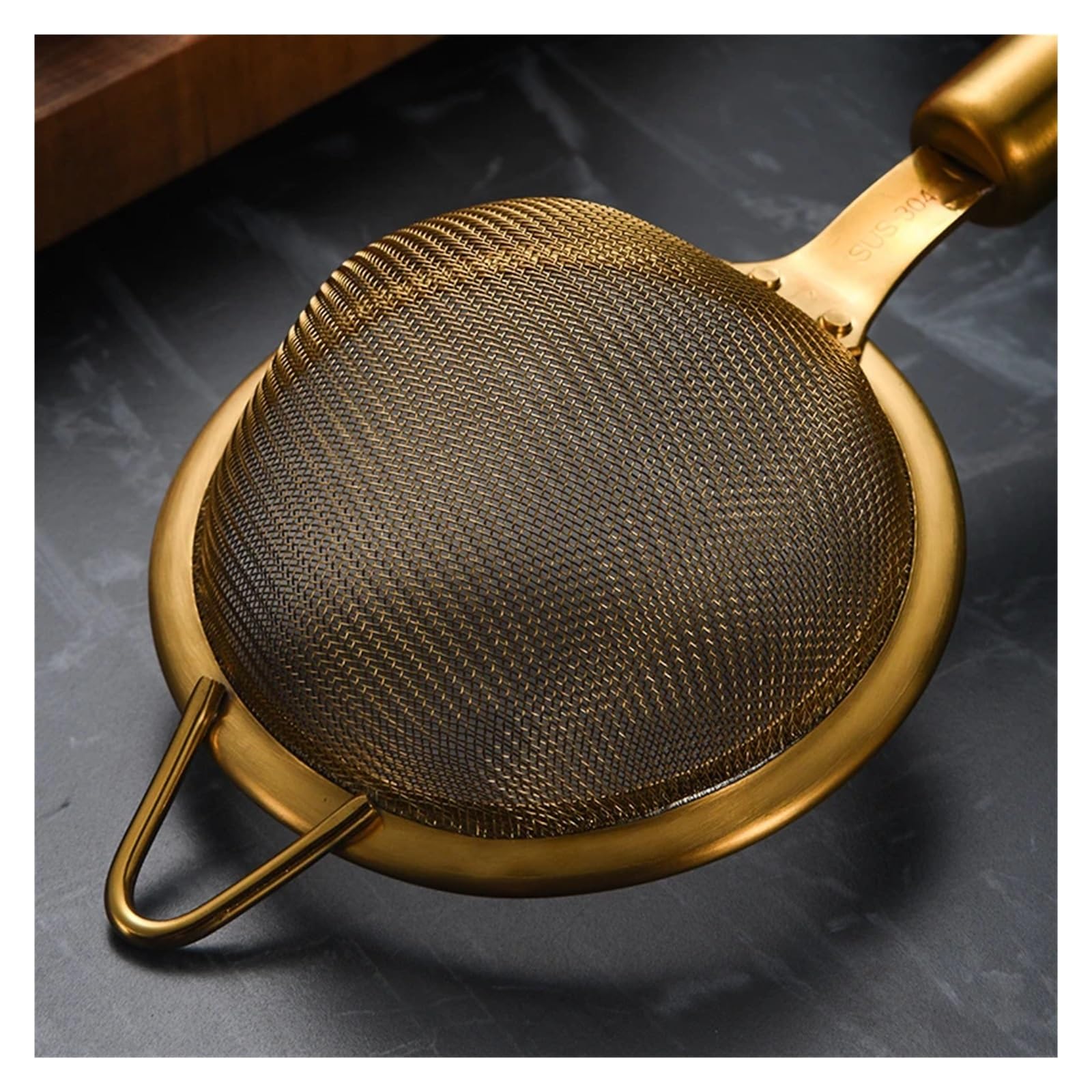 colador acero inoxidable Colador de malla fina acero inoxidable 304 con mango dorado y verde, cuchara colador, utensilios cocina(18cm)