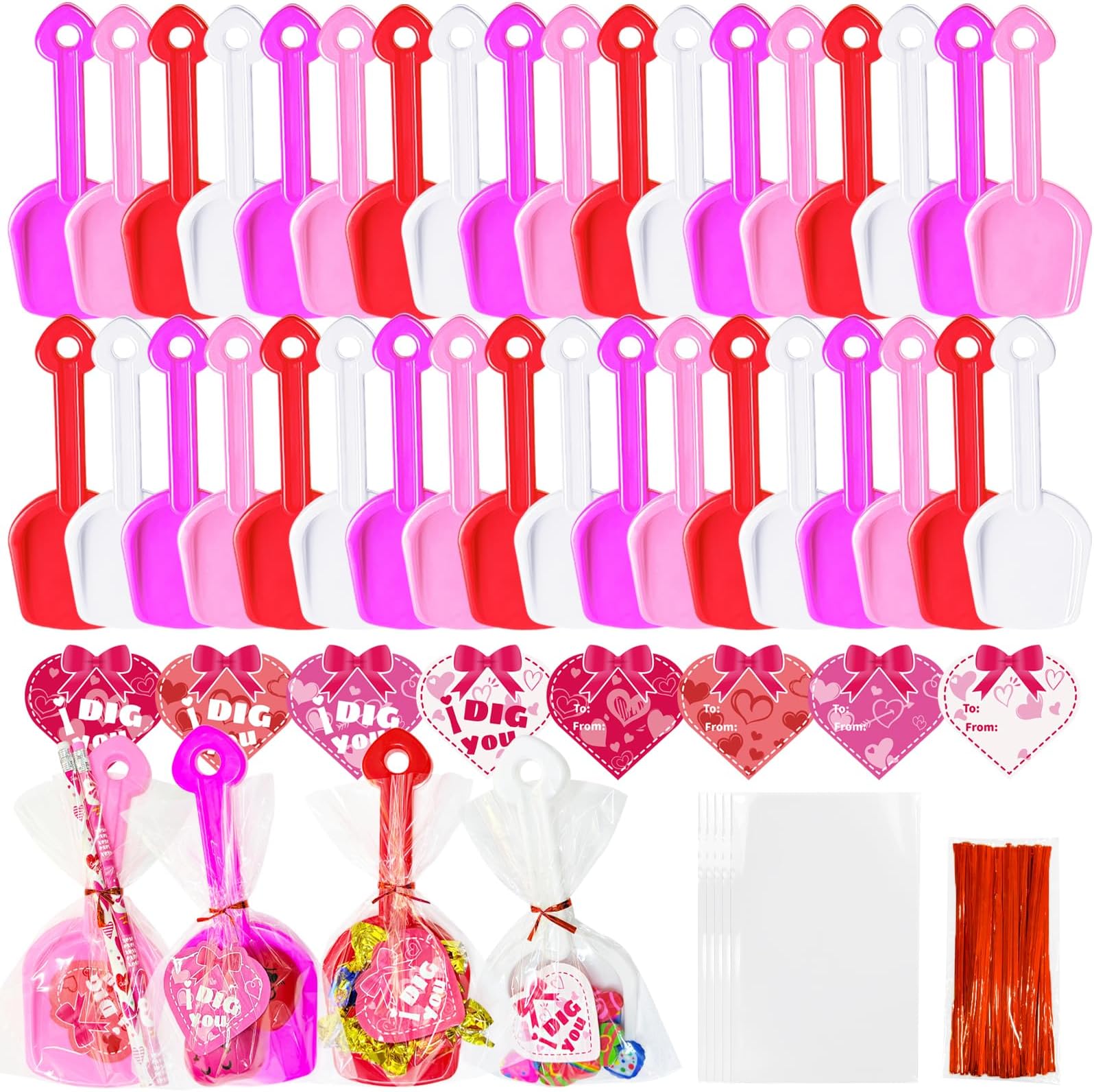 36 Pcs Valentine's Day Plastic Shovels Toys with I DIG You Cards,Valentines Gift Candy Bags with Ribbon for Kids,Students,Classmates,Party Favors,Classroom Exchange Prizes
