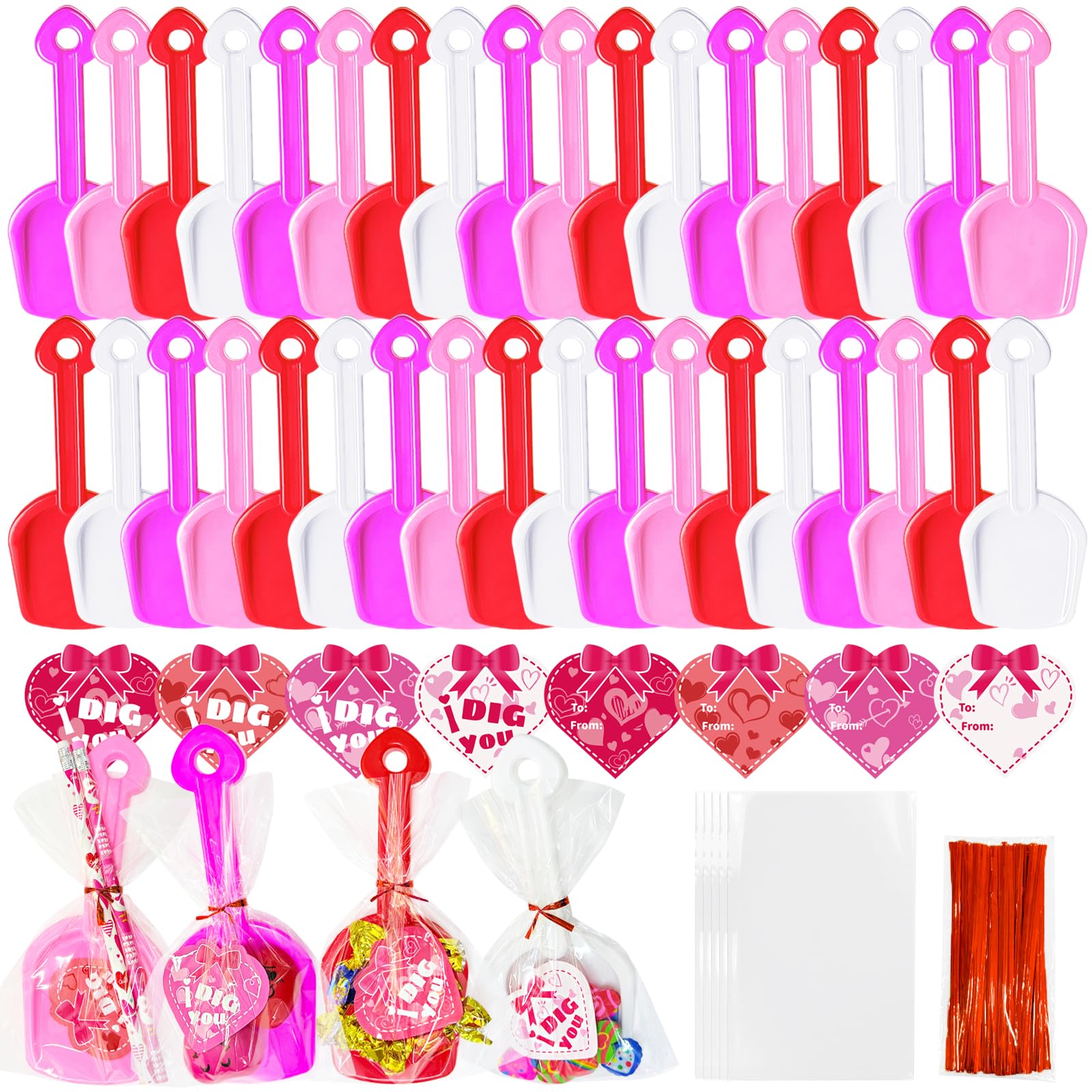 36 Pcs Valentine's Day Plastic Shovels Toys with I DIG You Cards,Valentines Gift Candy Bags with Ribbon for Kids,Students,Classmates,Party Favors,Classroom Exchange Prizes