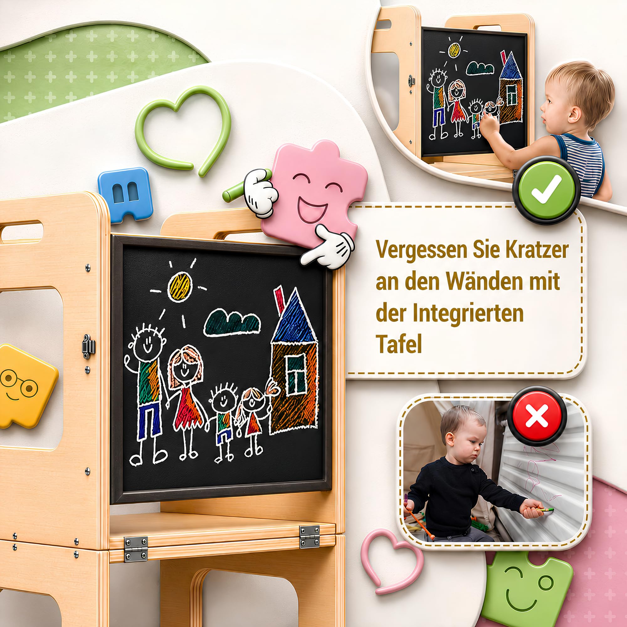 Lernturm ab 1 Jahr Klappbar 3-in-1, Lernturm mit Rausfallschutz | Inklusive Xylophon, Malbuch, Buntstiftbox, Schneidewerkzeug und Montageset, Lernturm Klappbar, Montessori Learning Tower