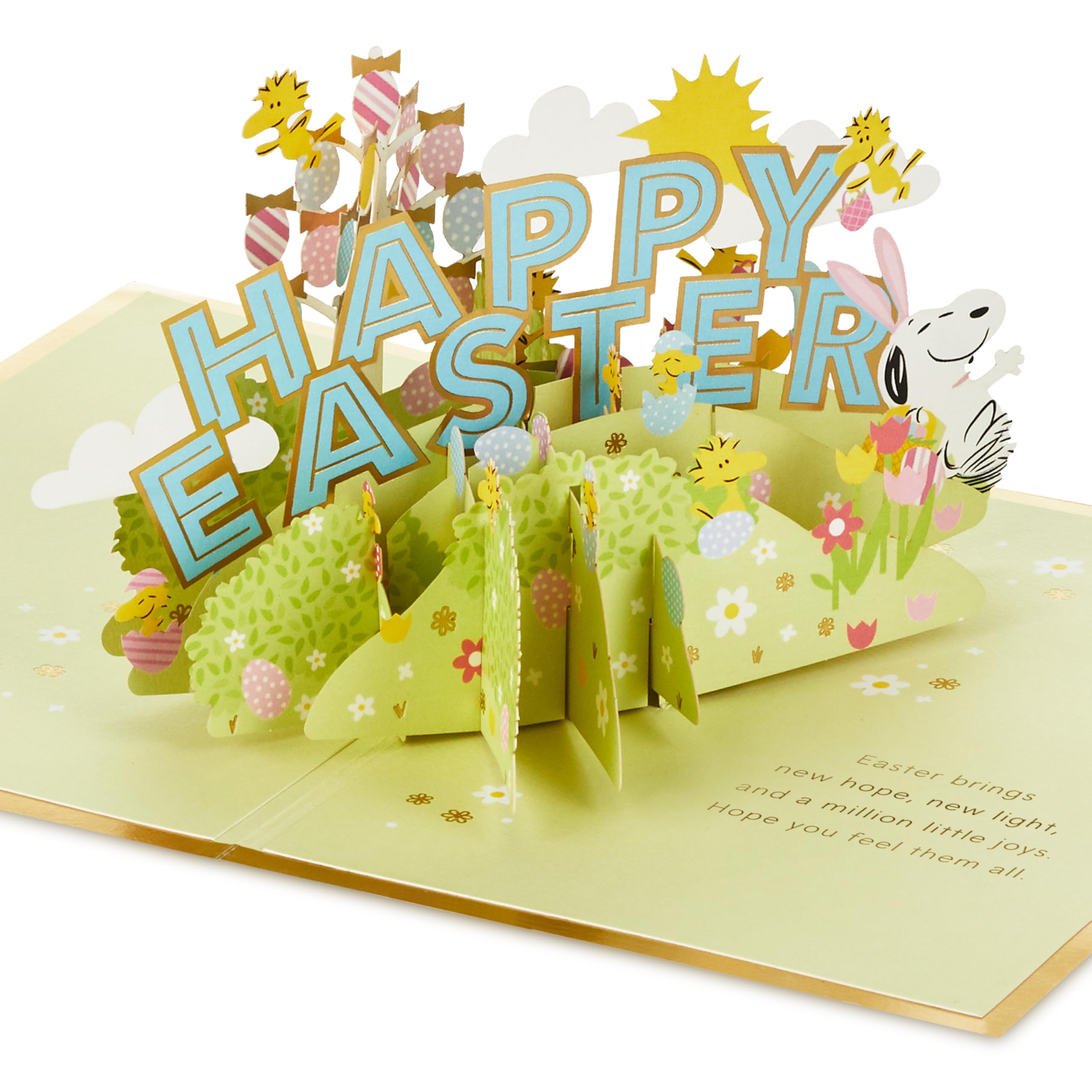 Hallmark Easter Card, 3d & Pop Up Easter Card, PEANUTS SNOOPY & WOODSTOCK, Blue, Green, Gold