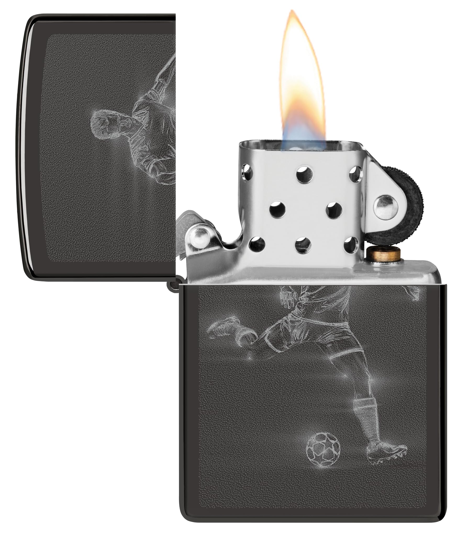 Zippo Encendedor a Prueba de Viento Recargable Reutilizable - Negro Alto Brillo - Diseño de Futbolista - Caja Regalo - Hecho en EE.UU.