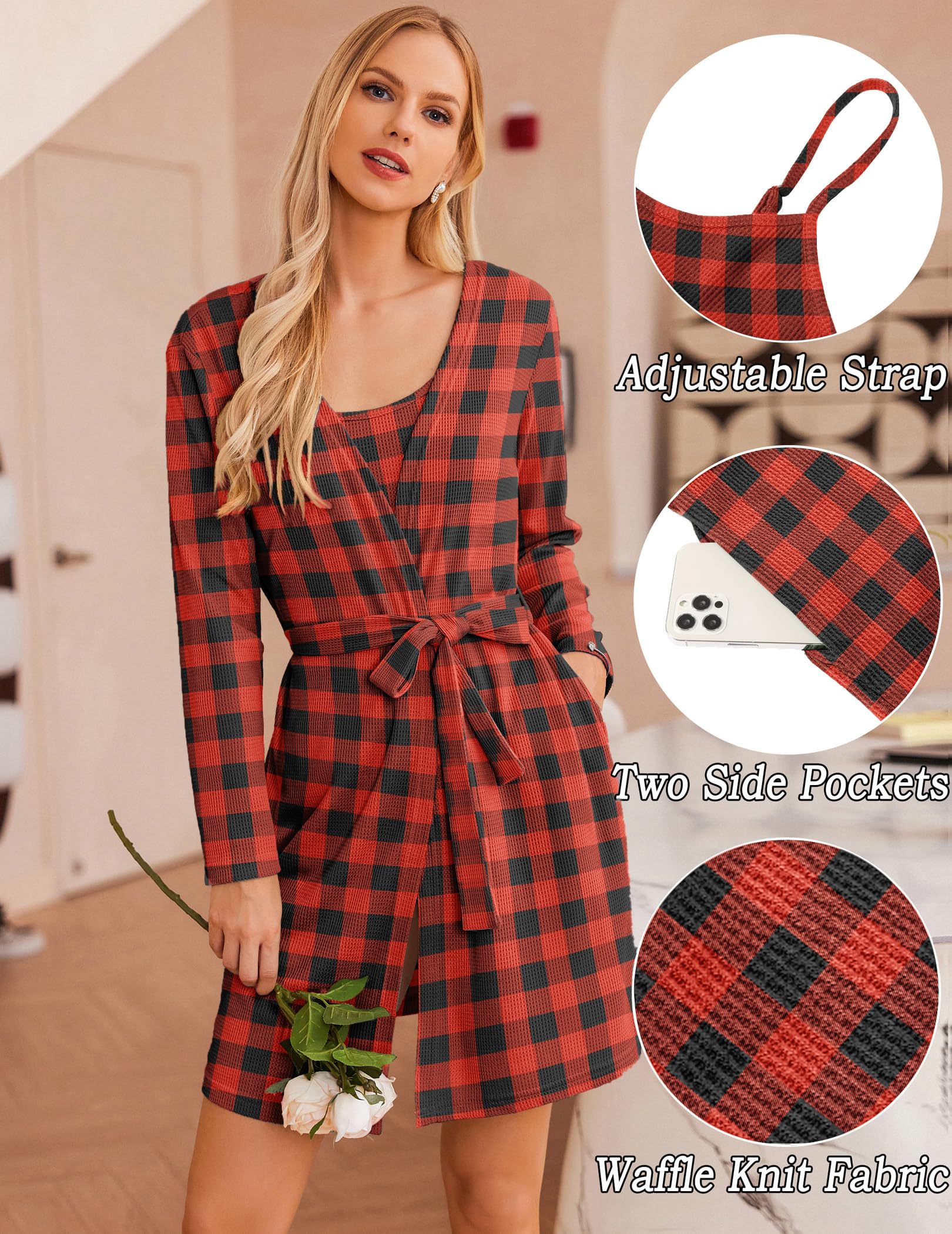 Ekouaer Pajamas for Women Set 3 Piece Lounge Set Soft Pajama Sets Waffle Knit Tank Top and Shorts Cardigan with Pockets S-XXL: XX-Large Black and Red Plaid
