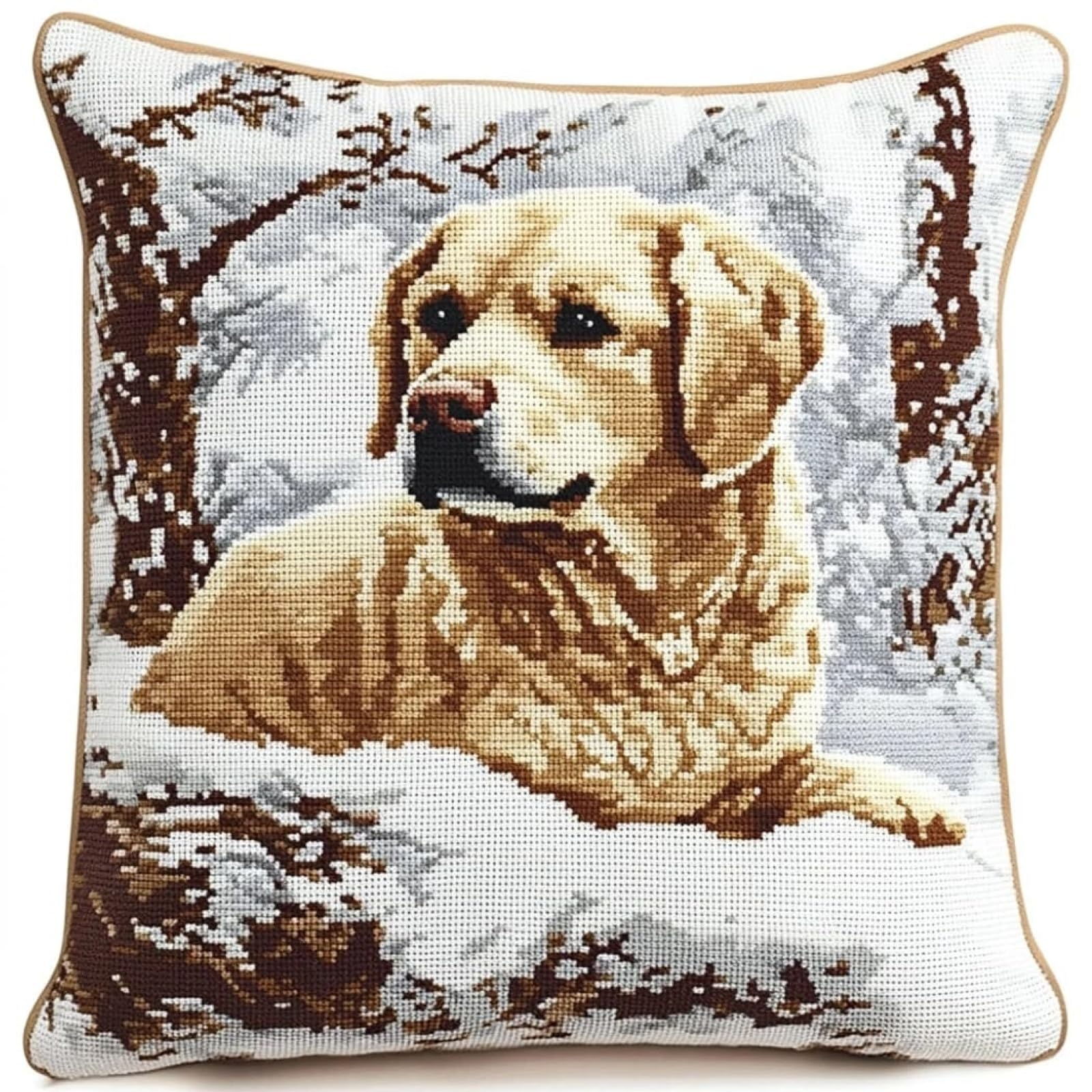 WallustrioaW Cross Stitch Cushion Kits for Adults,Dogs in the Snow Needlepoint Cushion Kit Cross Stitch Throw Pillow for Creative Home Decor 18x18in