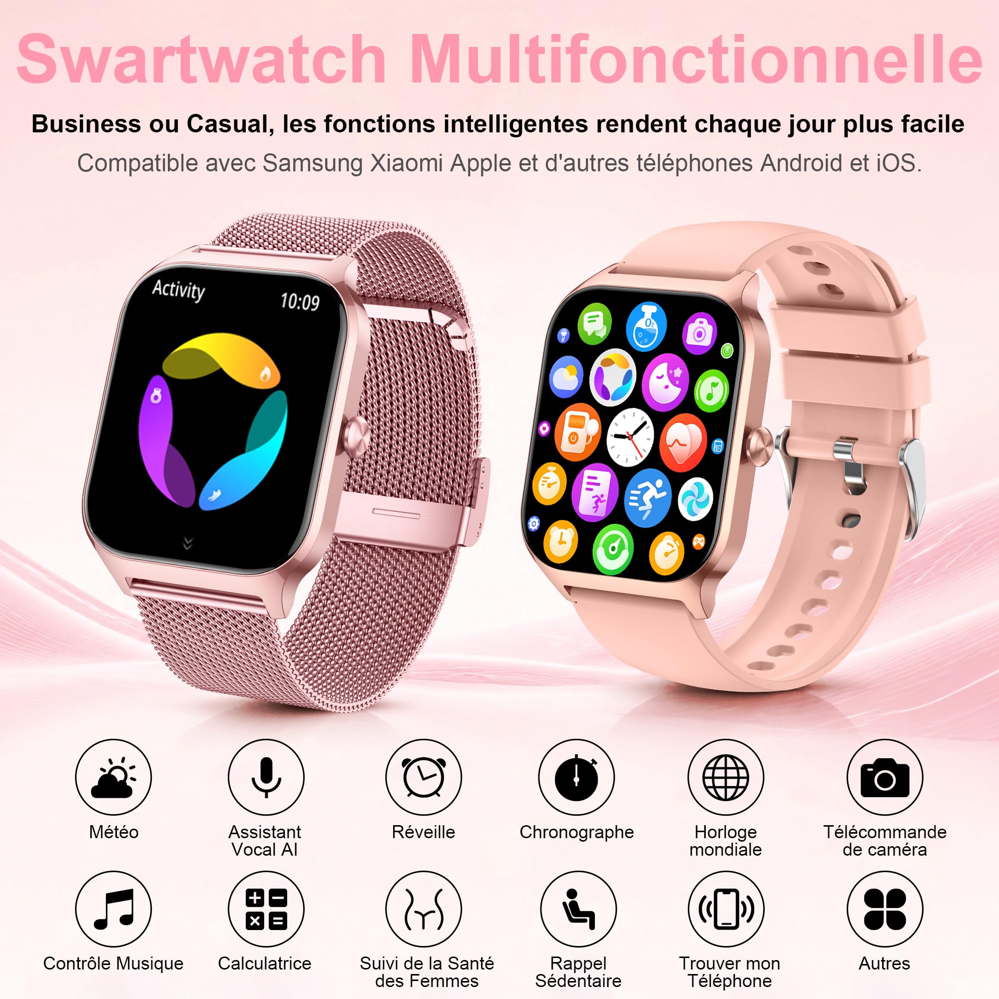 LODIMEKE Montre Connectée Tension Artérielle pour Samsung Apple Xiaomi Phone, 1.85" Smartwatch Homme Femme avec Appel Bluetooth, Fréquence Cardiaque, Stress, Sommeil, Podomètre, 100+ Sports, Cadeau