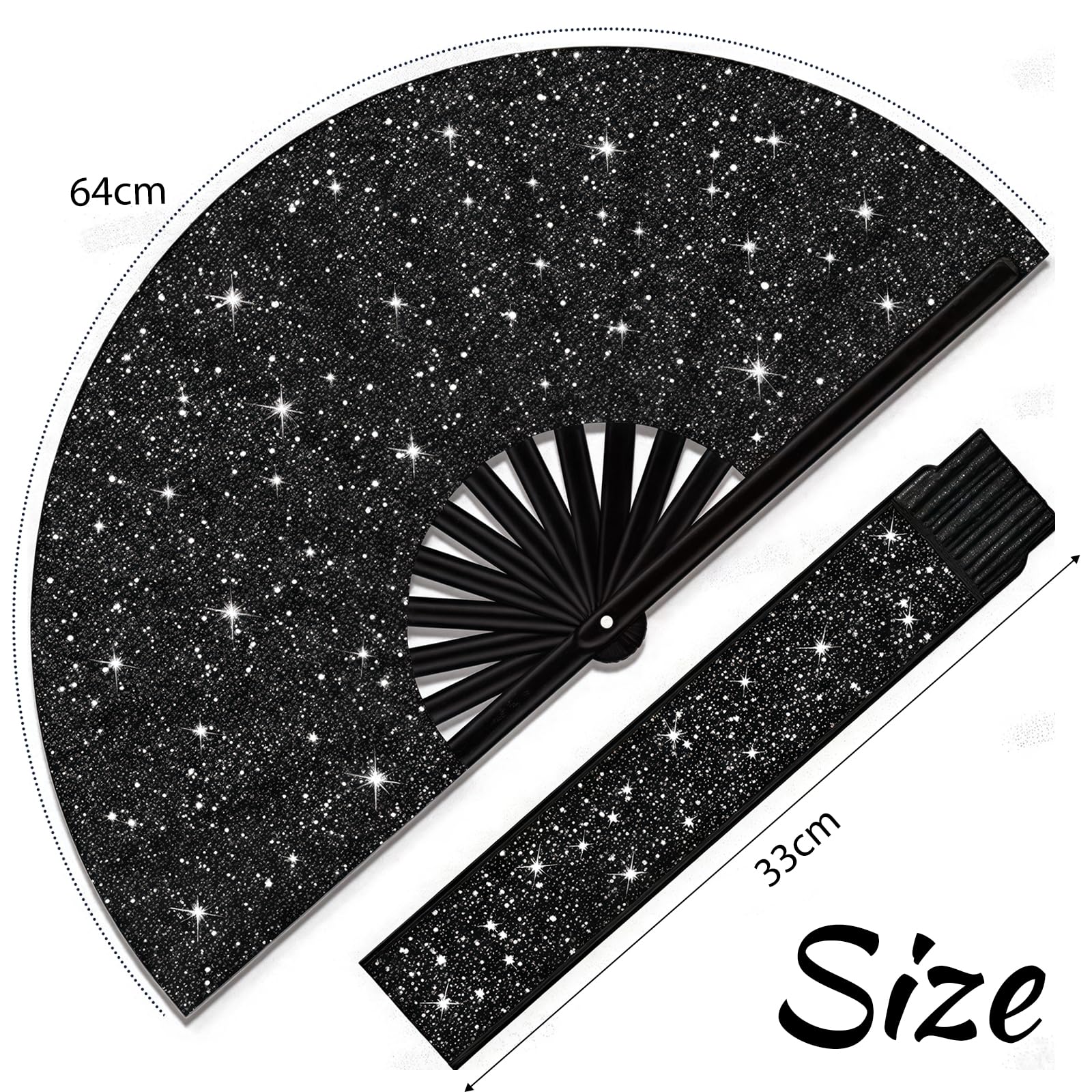 Yamobi Grande Abanico de Mano - Abanico Plegable para Mujeres, 33 cm con Brillo - Negro, Ideal para Festivales EDM, Rave, Fiestas y presentaciones de Baile