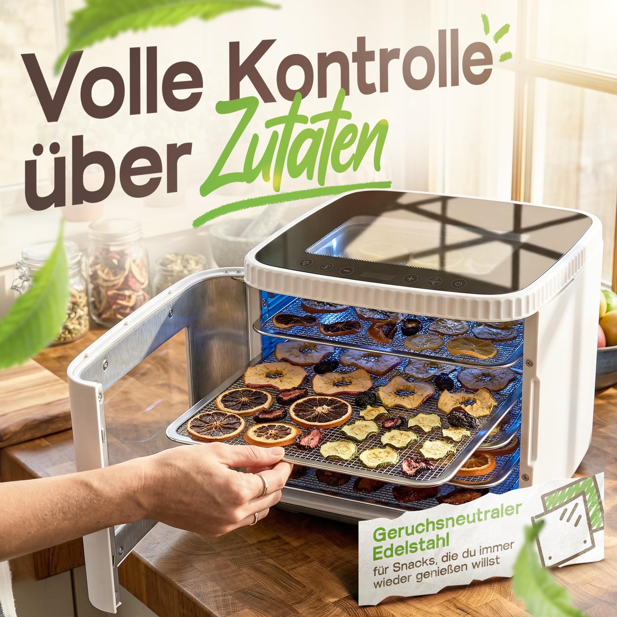 Essiccatore con 5 griglie in acciaio inox, essiccatore da 500 W-0,2 m², finestra extra visiva, forma di pelle di frutta, filtro, rete di erbe, LED, LCD, disidratatore compatto.