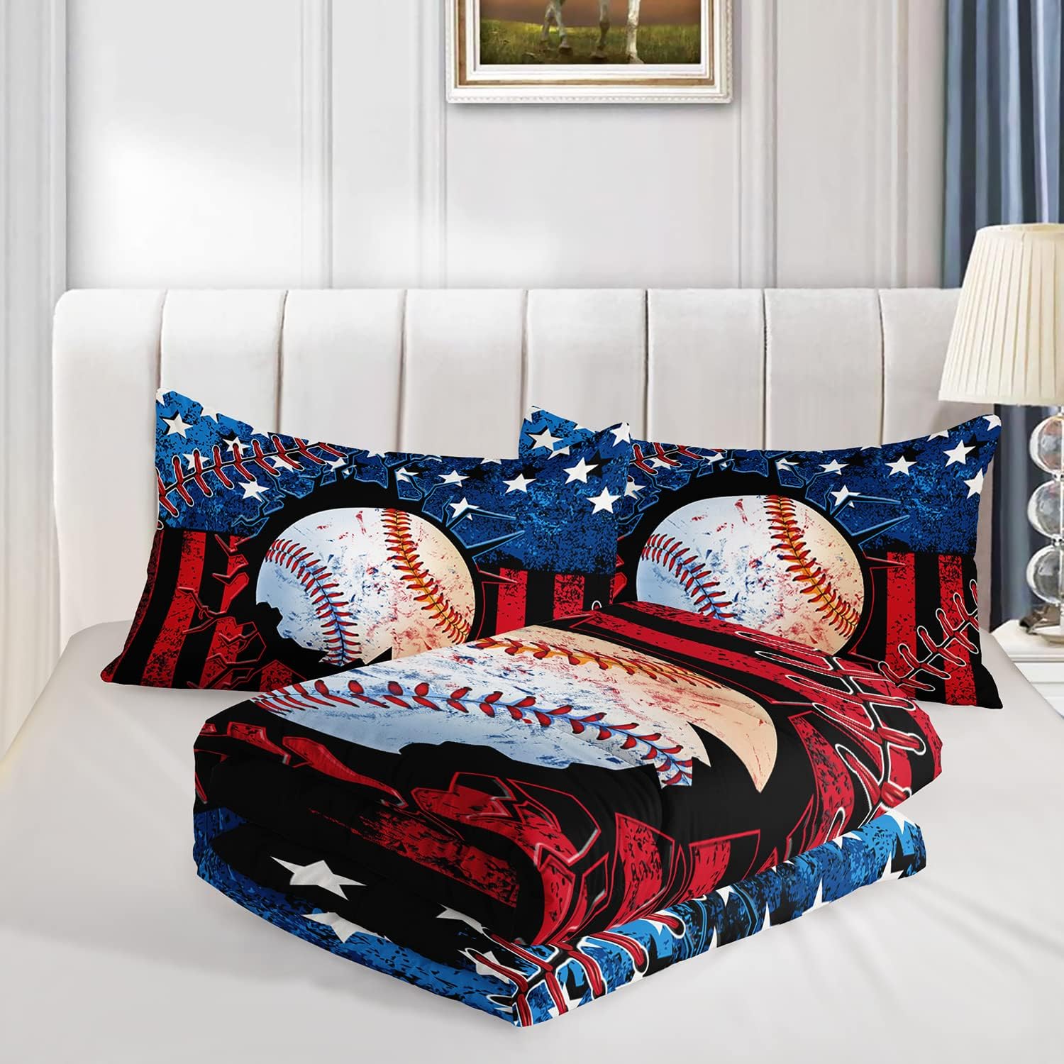 HOSIMA Baseball Comforter Set,Sports Comforter Sets for Boys Kids Teens Bedroom Decor,American Flag Comforter and Baseball Print Bedding Set with 2 Pillowcases,Twin Comforter Set.