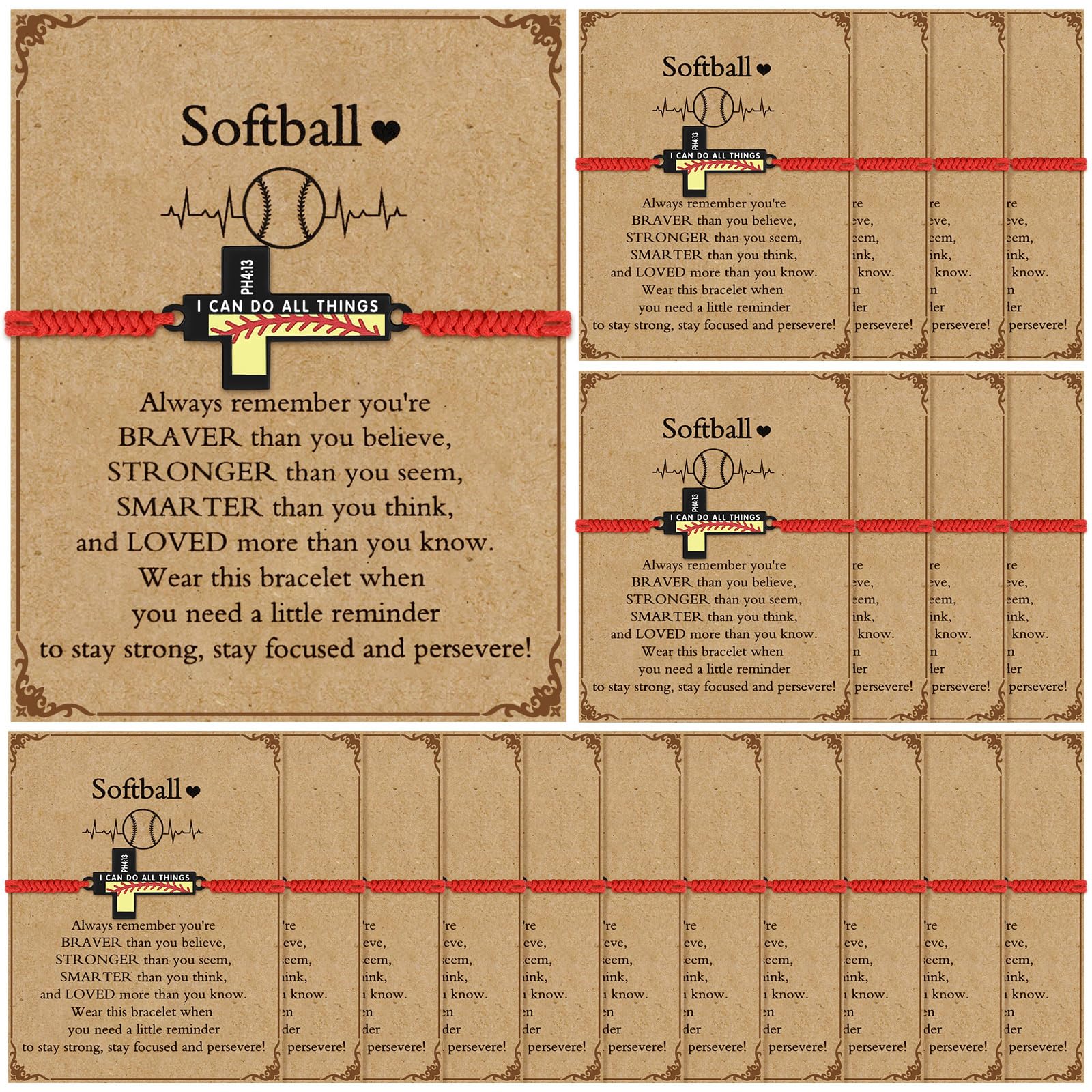 Aurelema 20 Set Volleyball Soccer Football Softball Baseball Basketball Bracelets Gifts Adjustable Cross Charm Bracelets Softball Party Favor Team Gift with Inspirational Cards for Teen Player Group