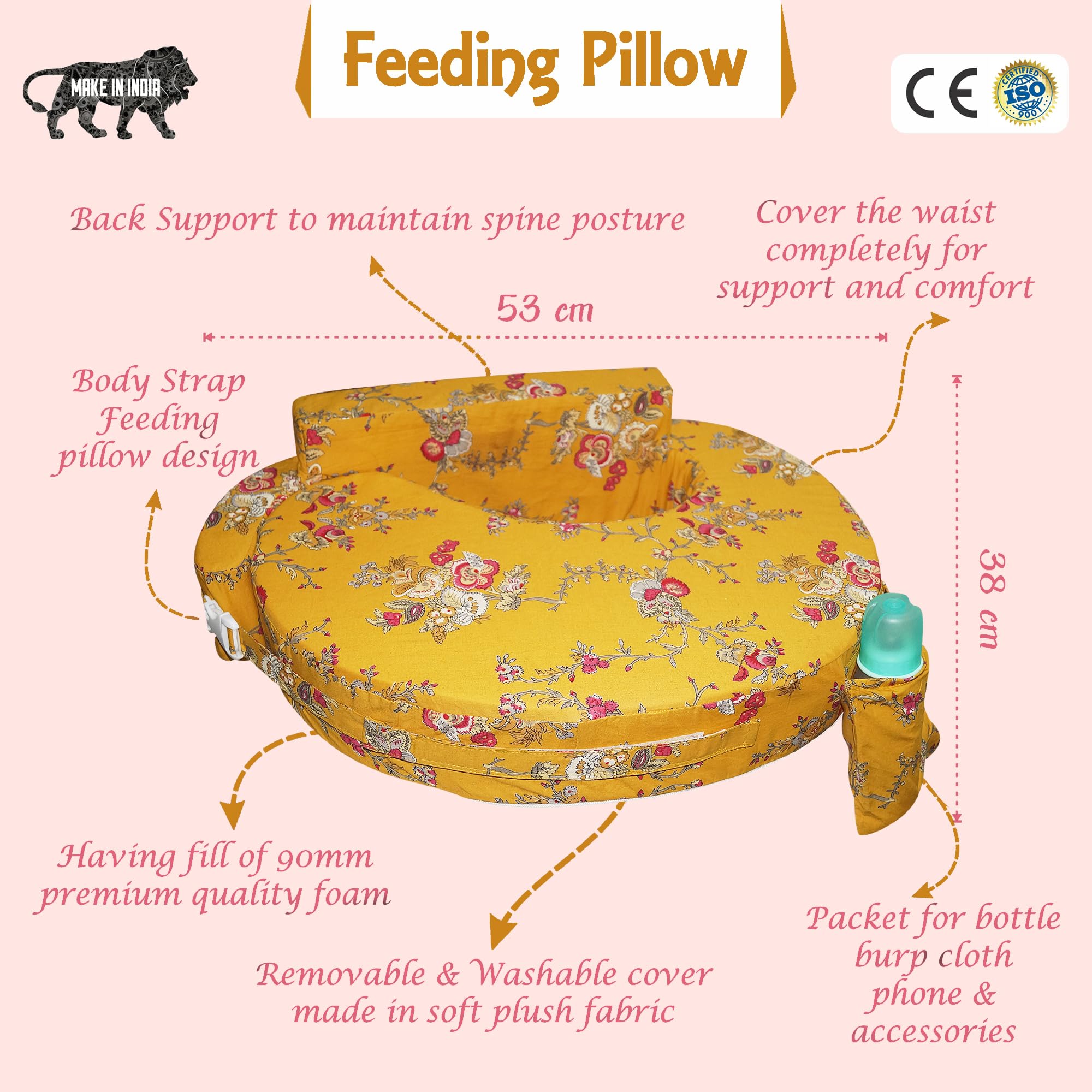 Gordon Nursing Pillow for Breastfeeding, Nursing and Posture Support with Pocket and Removable Slipcover Made in Eco Friendly Soft Fabric (Honey)