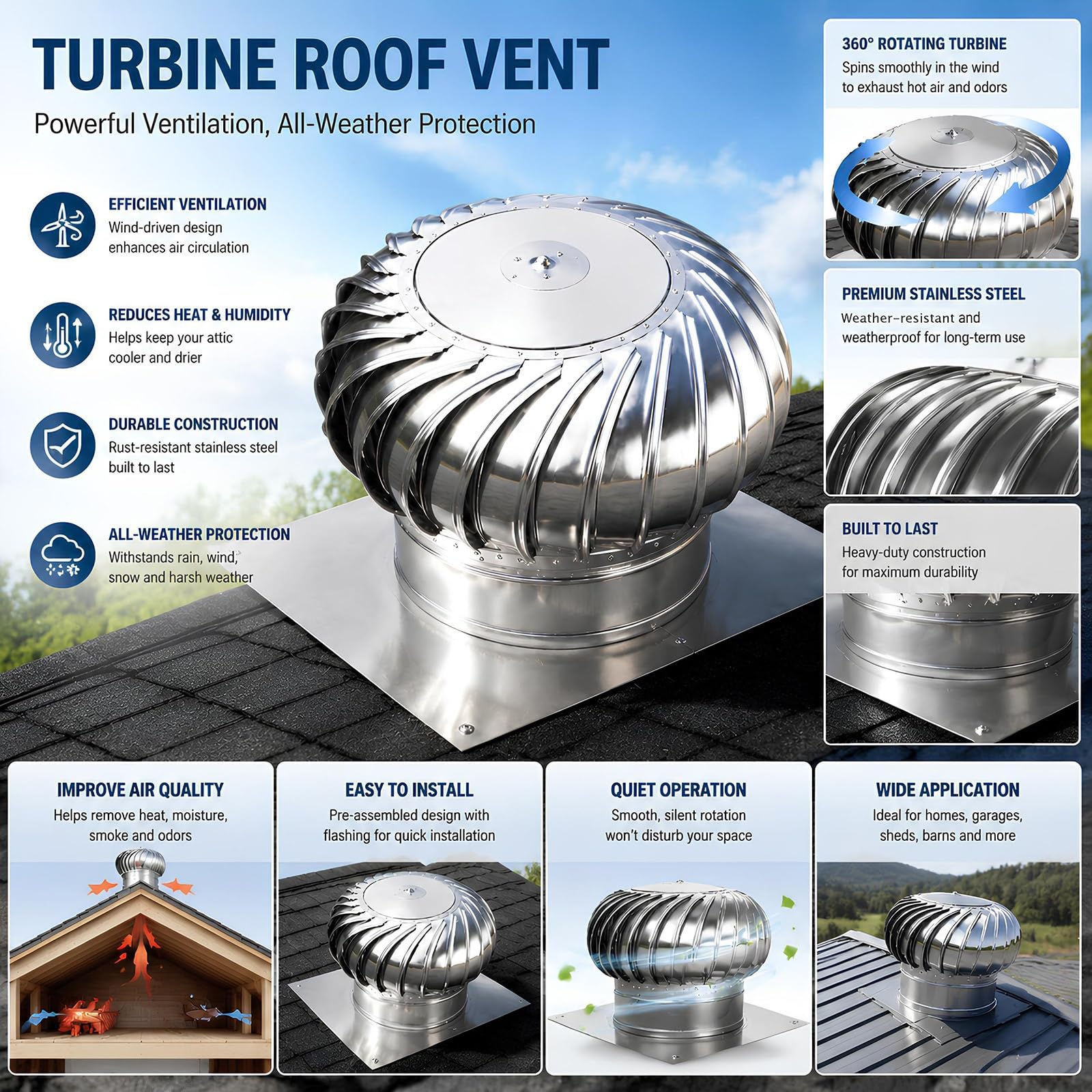 Ventilateur de Toit Turbine, Acier Inoxydable, Ventilation Maison