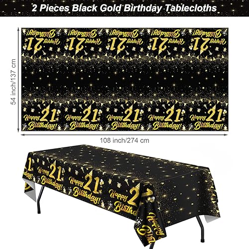 Miniatura 2 de durony Paquete de 2 manteles de plástico para cumpleaños número 21 color negro dorado impermeable rectangular para fiestas en interiores o